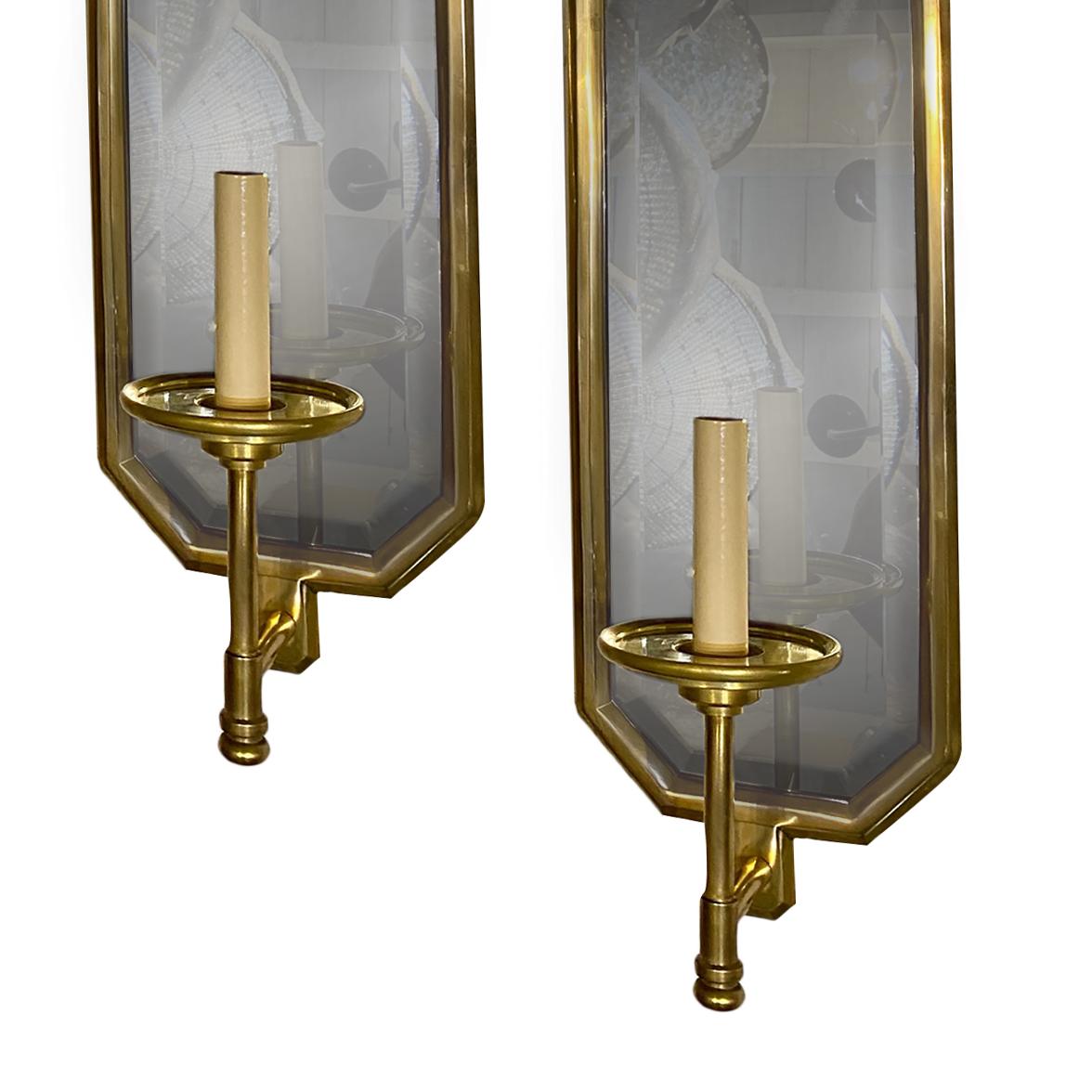 Gilt Pair of Large French Mirrored Sconces For Sale