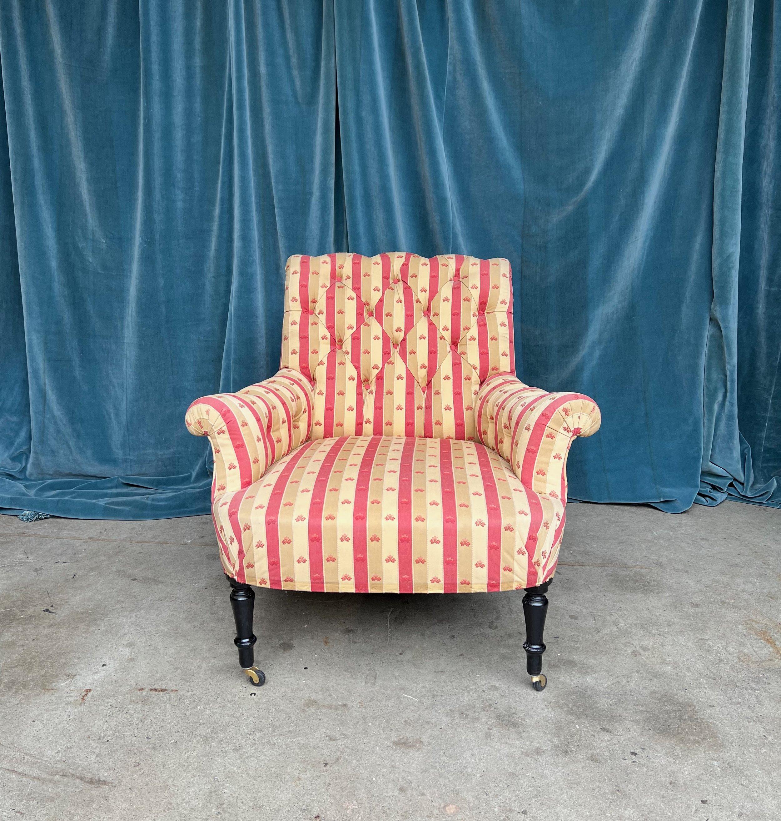 Pair of Large French Napoleon III  Armchairs in Striped Fabric  For Sale 3
