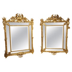 Pair of Large French Napoleon III Gold Leaf and Beveled Mirrors, Circa 1860