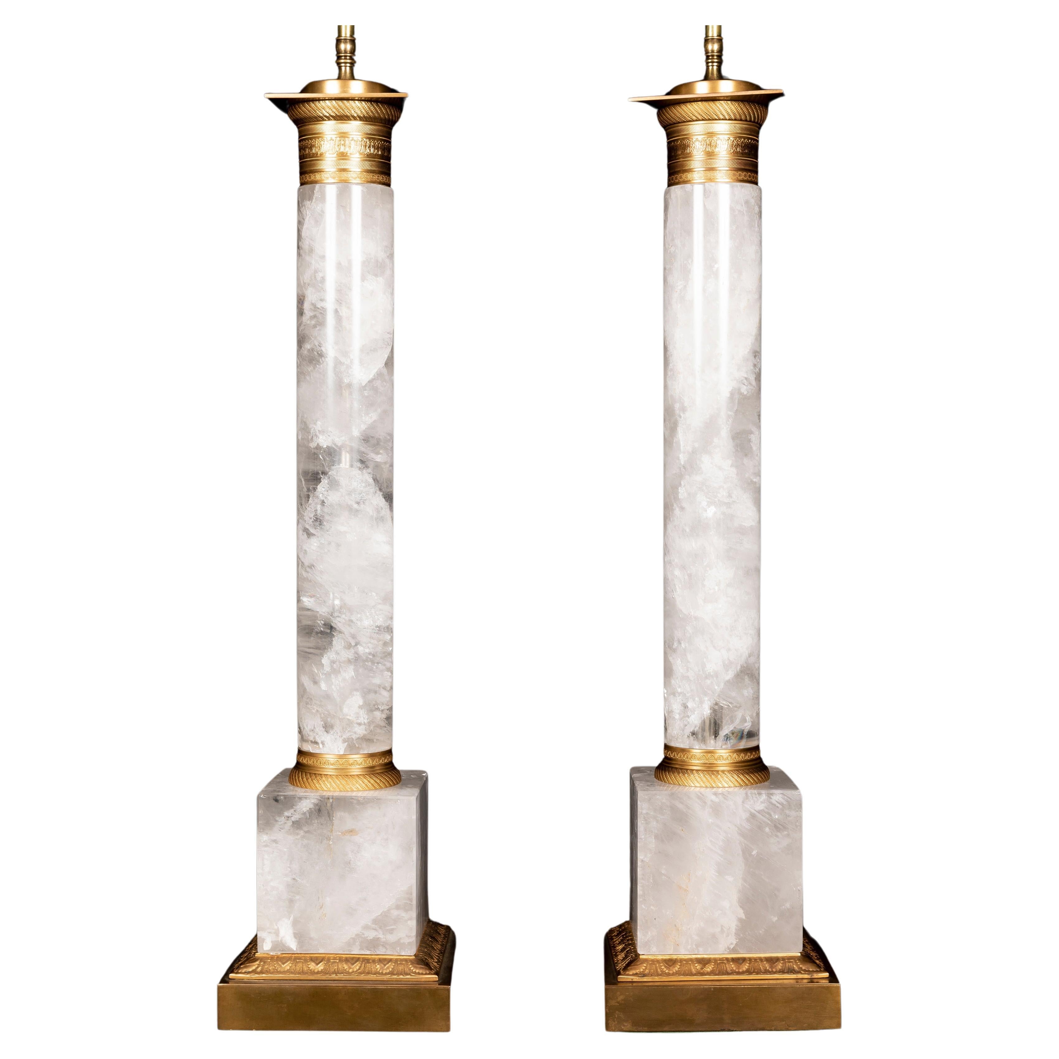 Pair of Large French Neoclassical Gilt Bronze and Cut Rock Crystal Lamps
