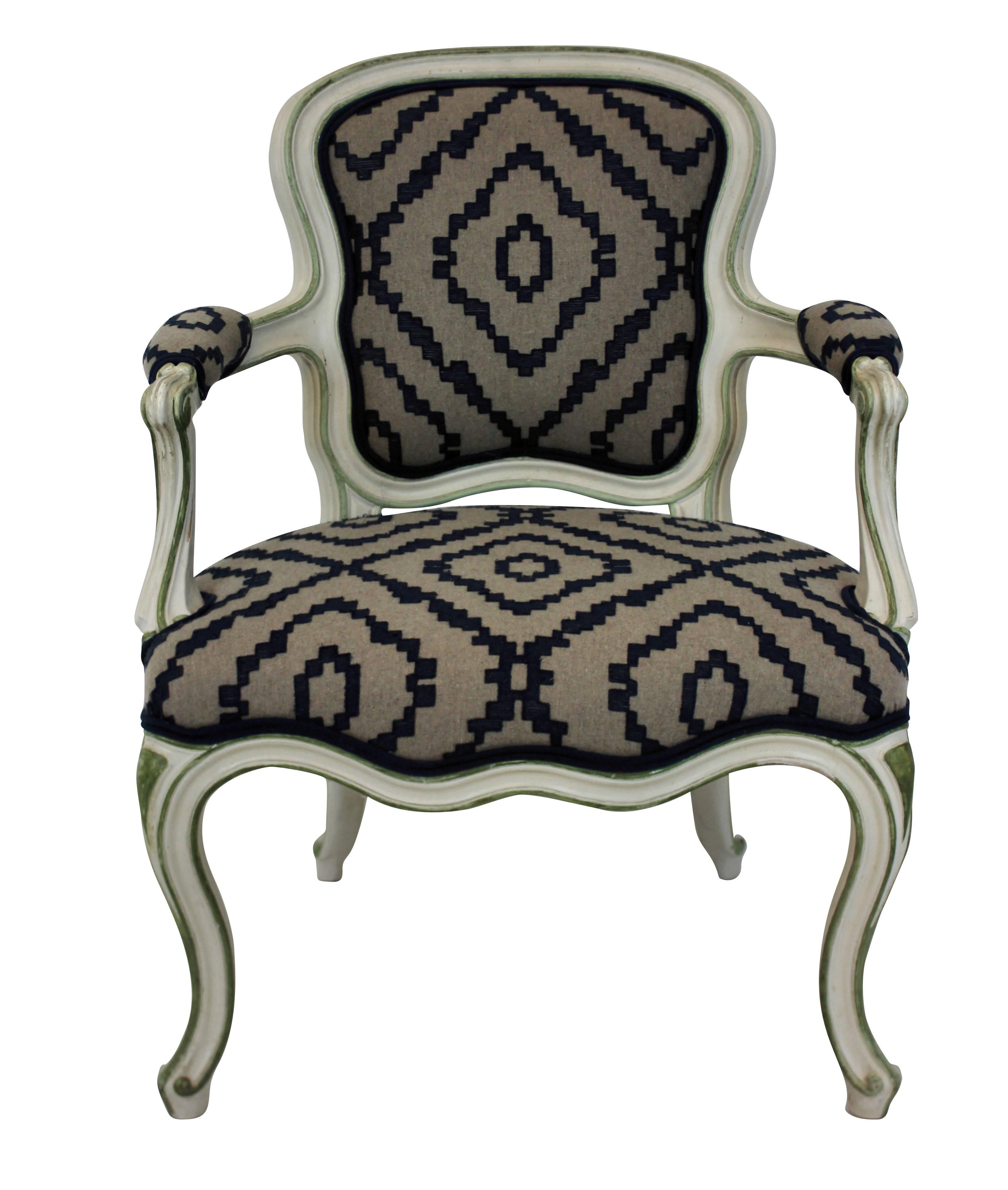 A pair of large scale French painted fauteuils, newly upholstered in a Romo geometric wool fabric.

Measures: 44 cm high (seats).
 