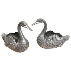 Pair of Large French Pewter Swan Cachepots
