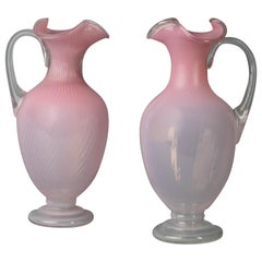 Antique Pair of Large French Pink Glass Ewers, circa 1860