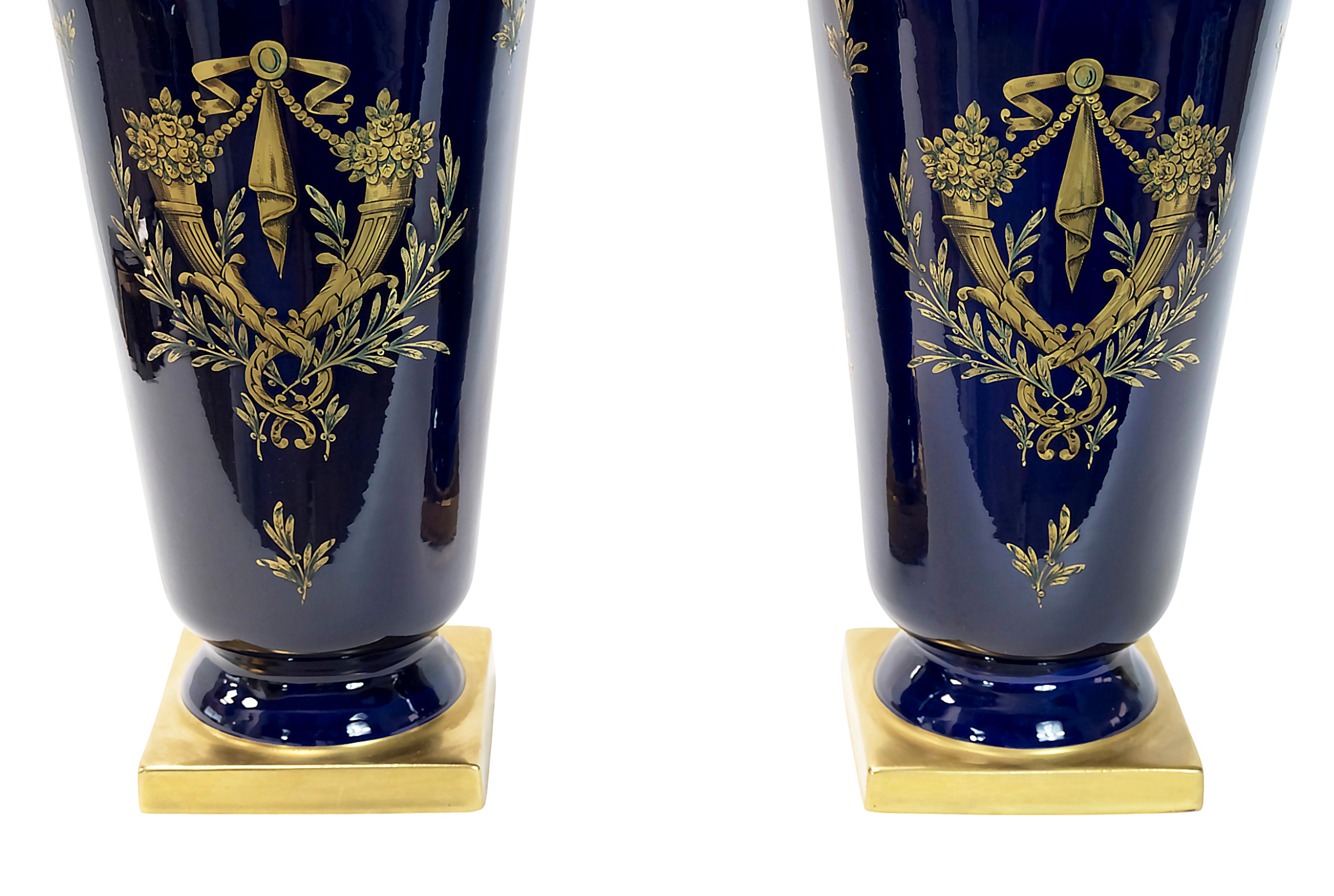 Gilt Pair of Large French Porcelain Cobalt Blue Vases by Maurice Pinon For Sale