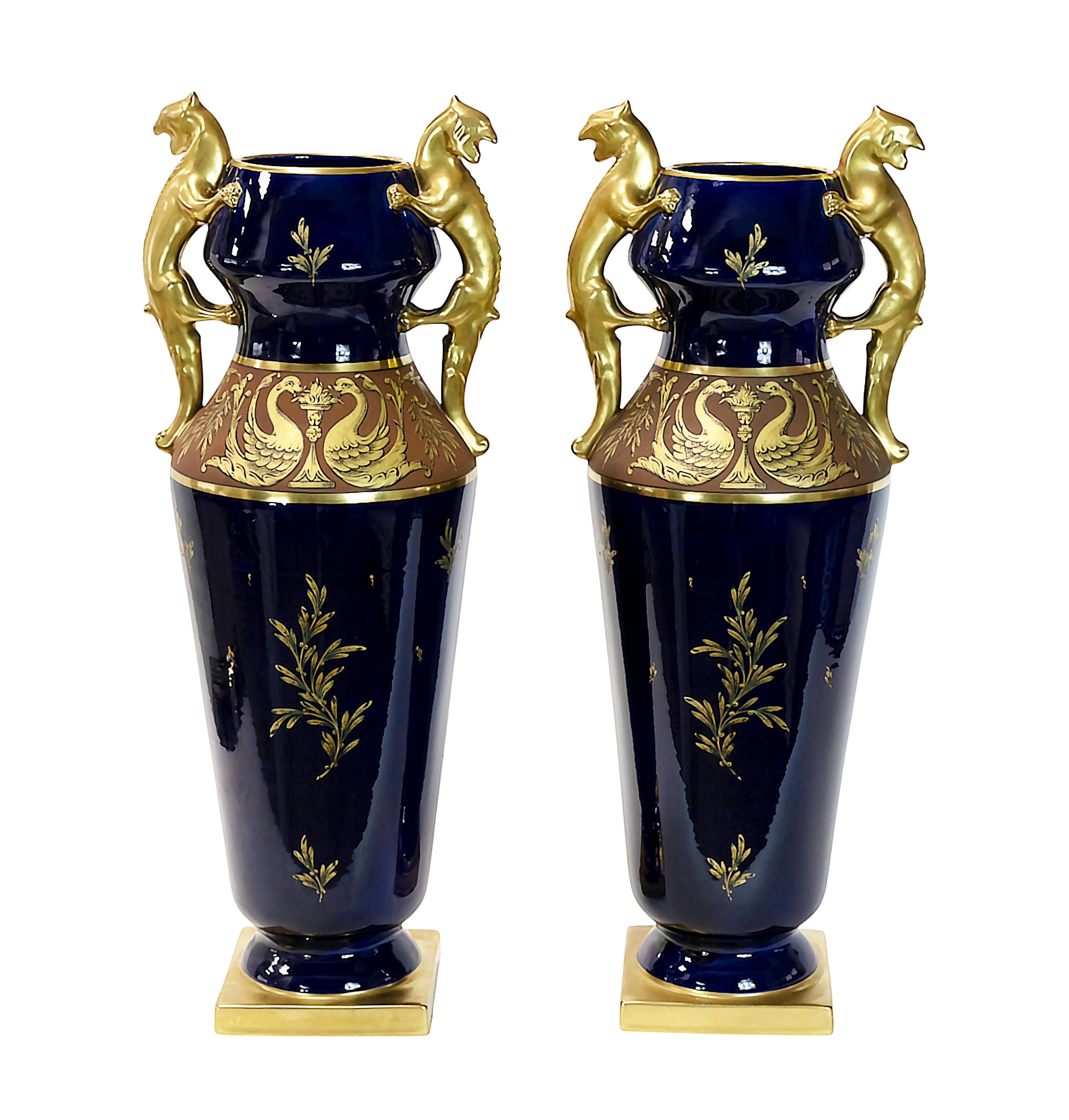 Pair of Large French Porcelain Cobalt Blue Vases by Maurice Pinon In Good Condition For Sale In Vilnius, LT