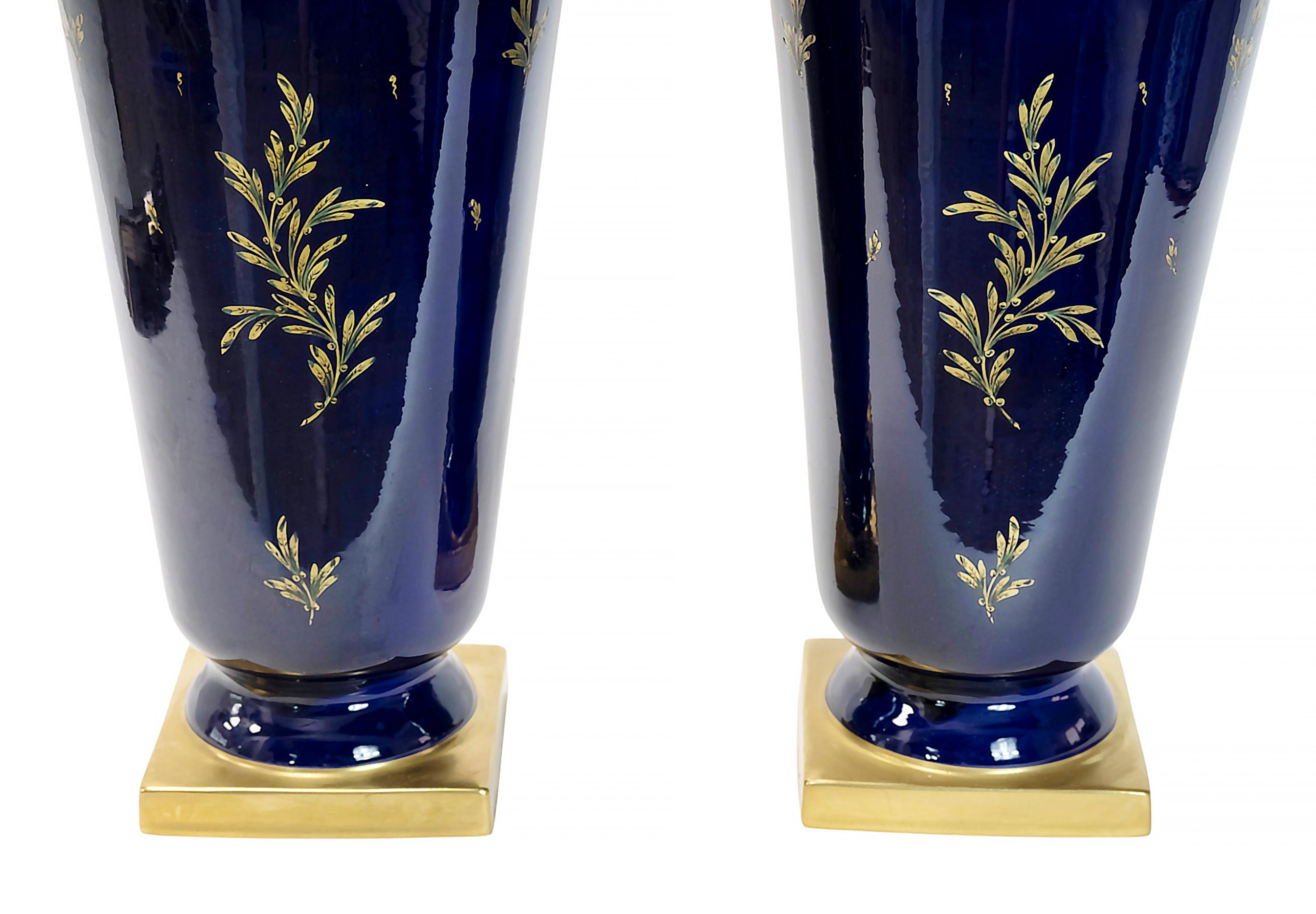 Pair of Large French Porcelain Cobalt Blue Vases by Maurice Pinon For Sale 1