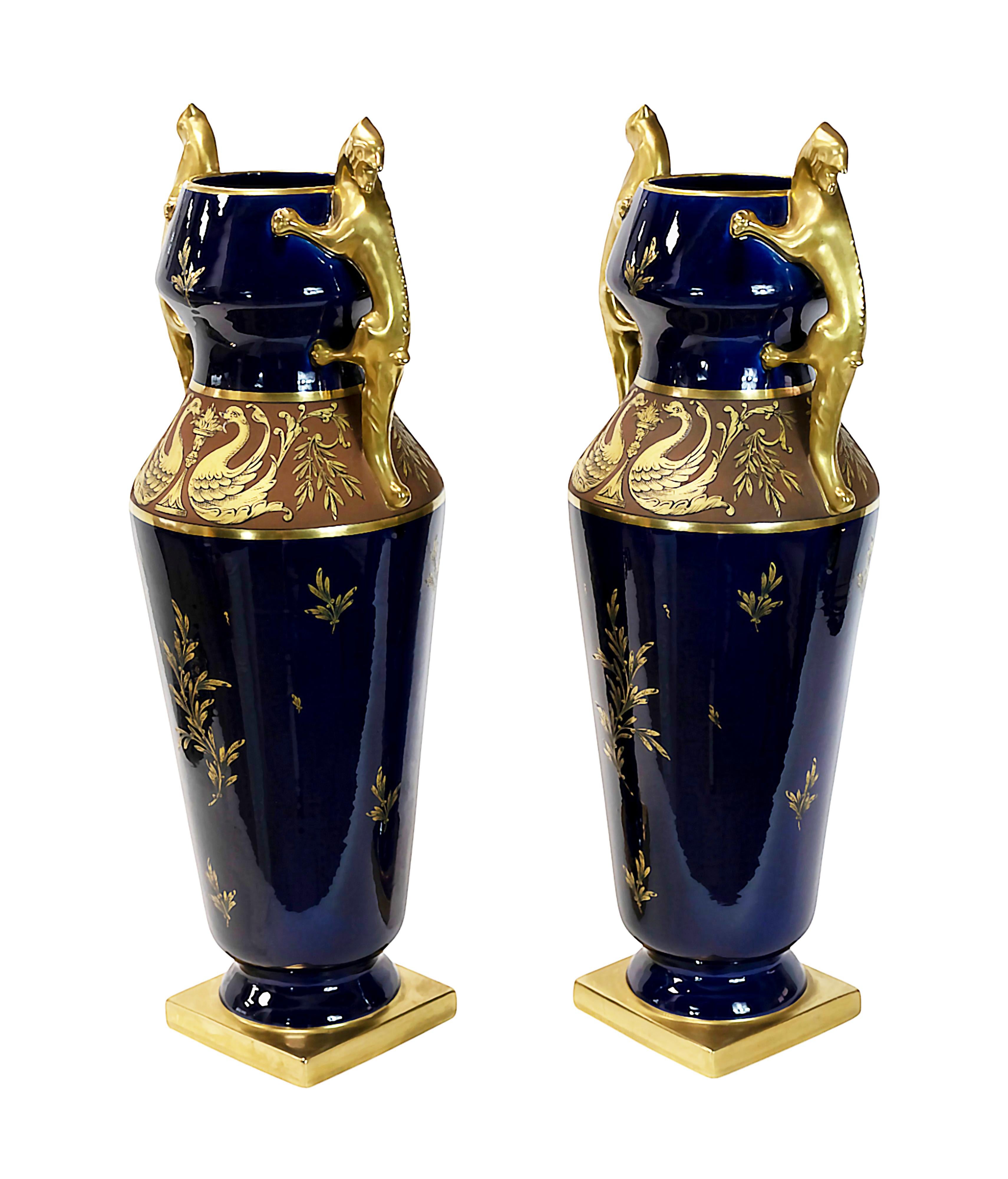 Pair of Large French Porcelain Cobalt Blue Vases by Maurice Pinon For Sale 2