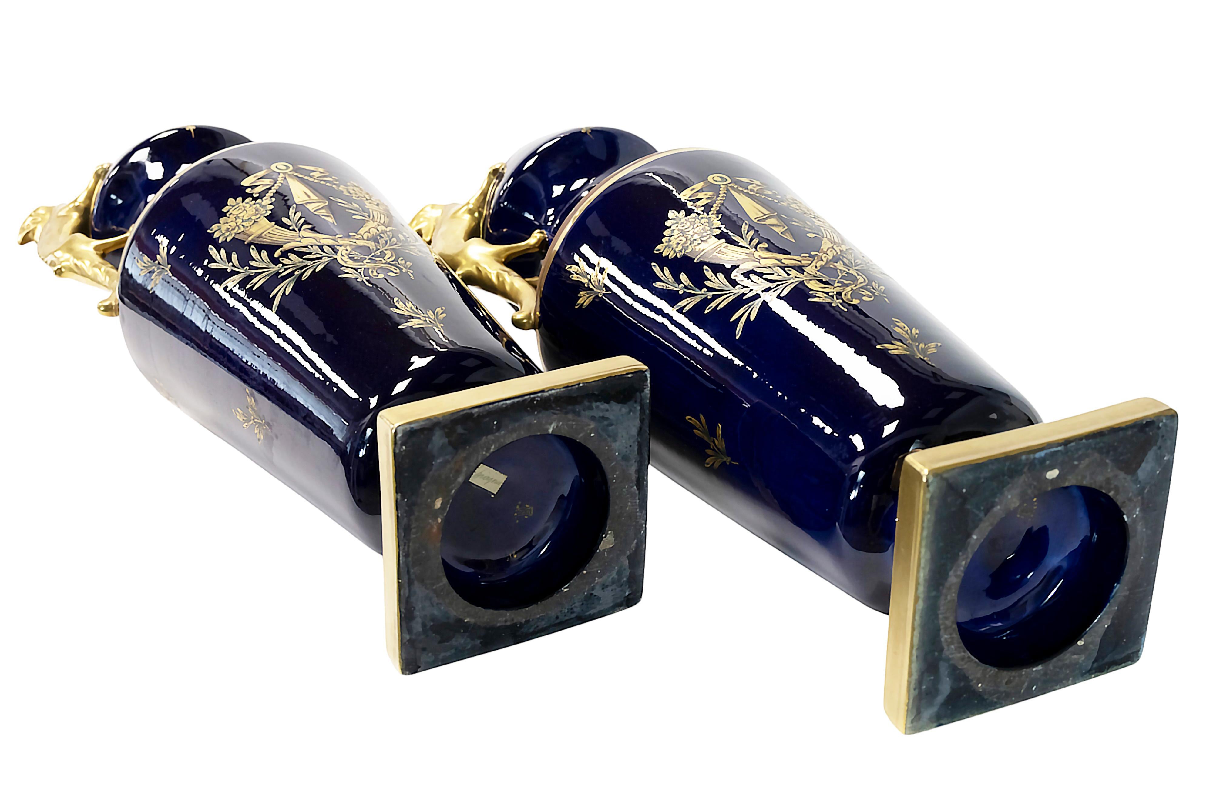 Pair of Large French Porcelain Cobalt Blue Vases by Maurice Pinon For Sale 3