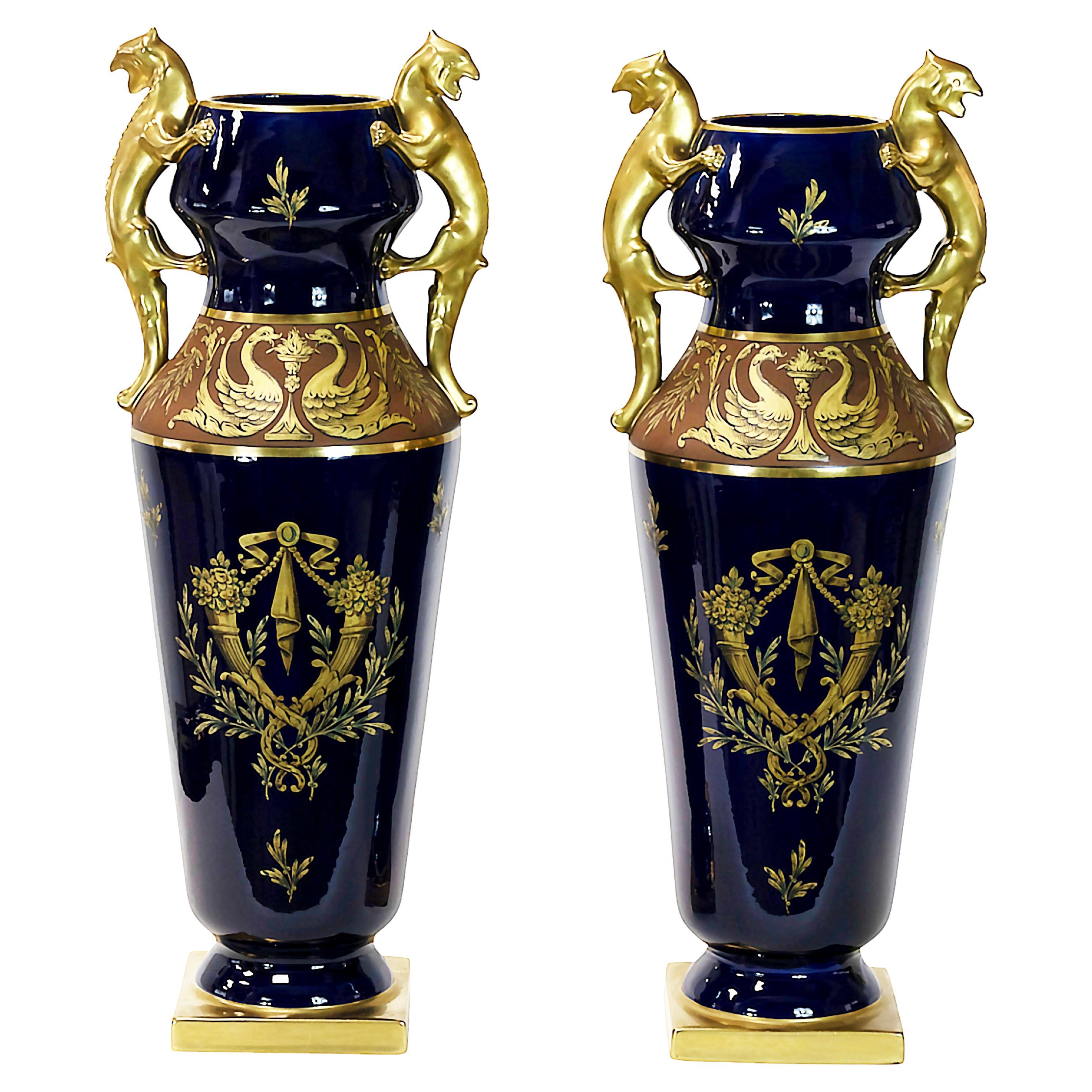 Pair of Large French Porcelain Cobalt Blue Vases by Maurice Pinon For Sale