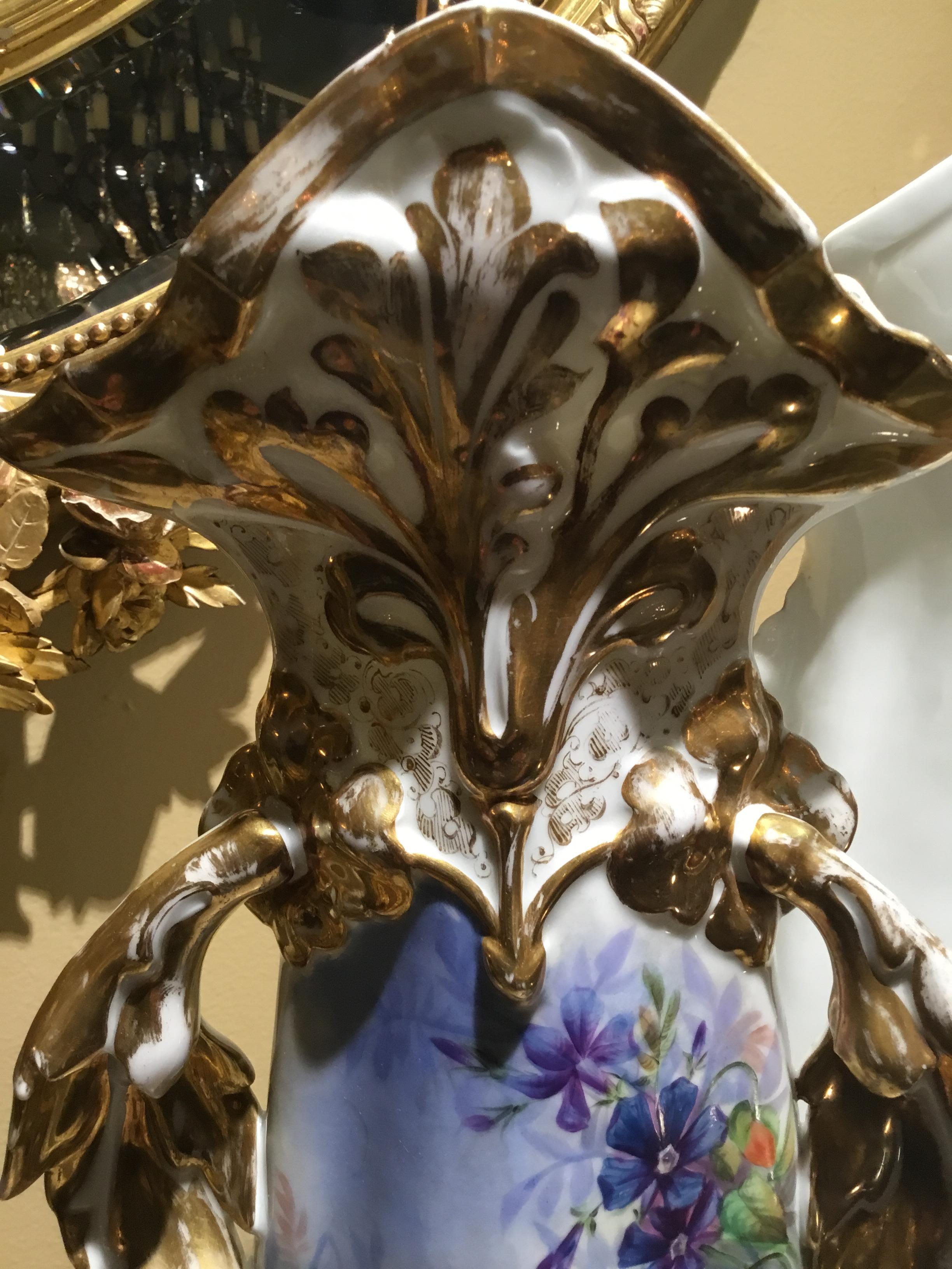 Hand-Painted Pair of Large French Porcelain Fan Vases with Floral and Gilt Painting
