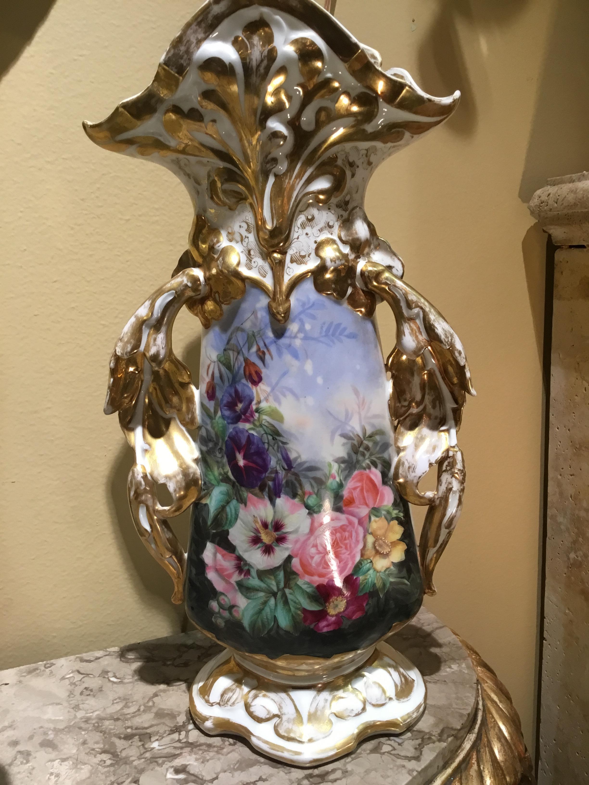19th Century Pair of Large French Porcelain Fan Vases with Floral and Gilt Painting