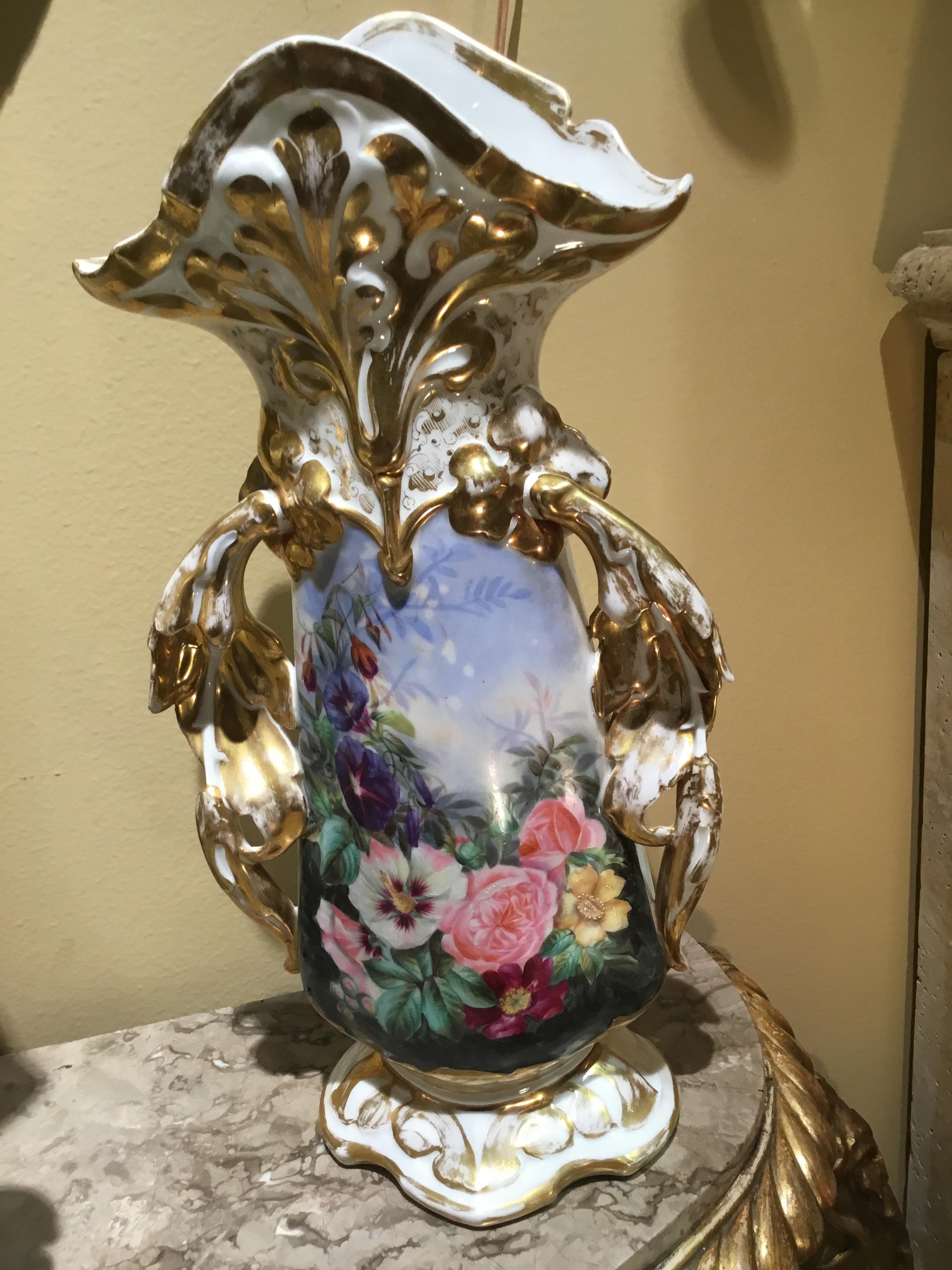 Pair of Large French Porcelain Fan Vases with Floral and Gilt Painting 1