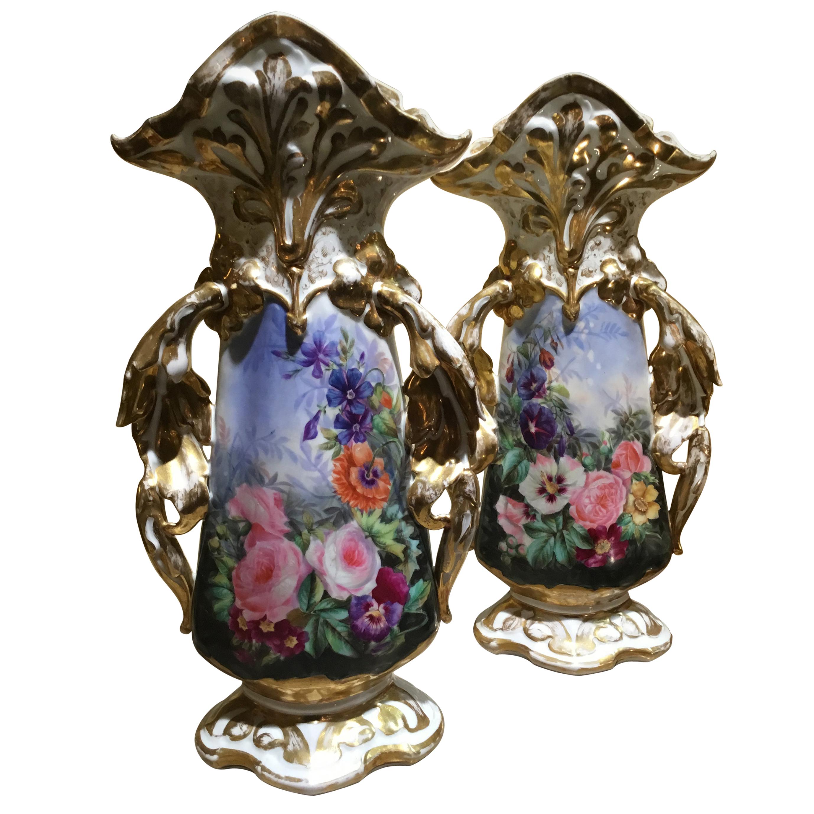 Pair of Large French Porcelain Fan Vases with Floral and Gilt Painting