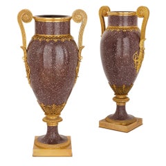 Pair of Large French Porphyry and Gilt Bronze Vases