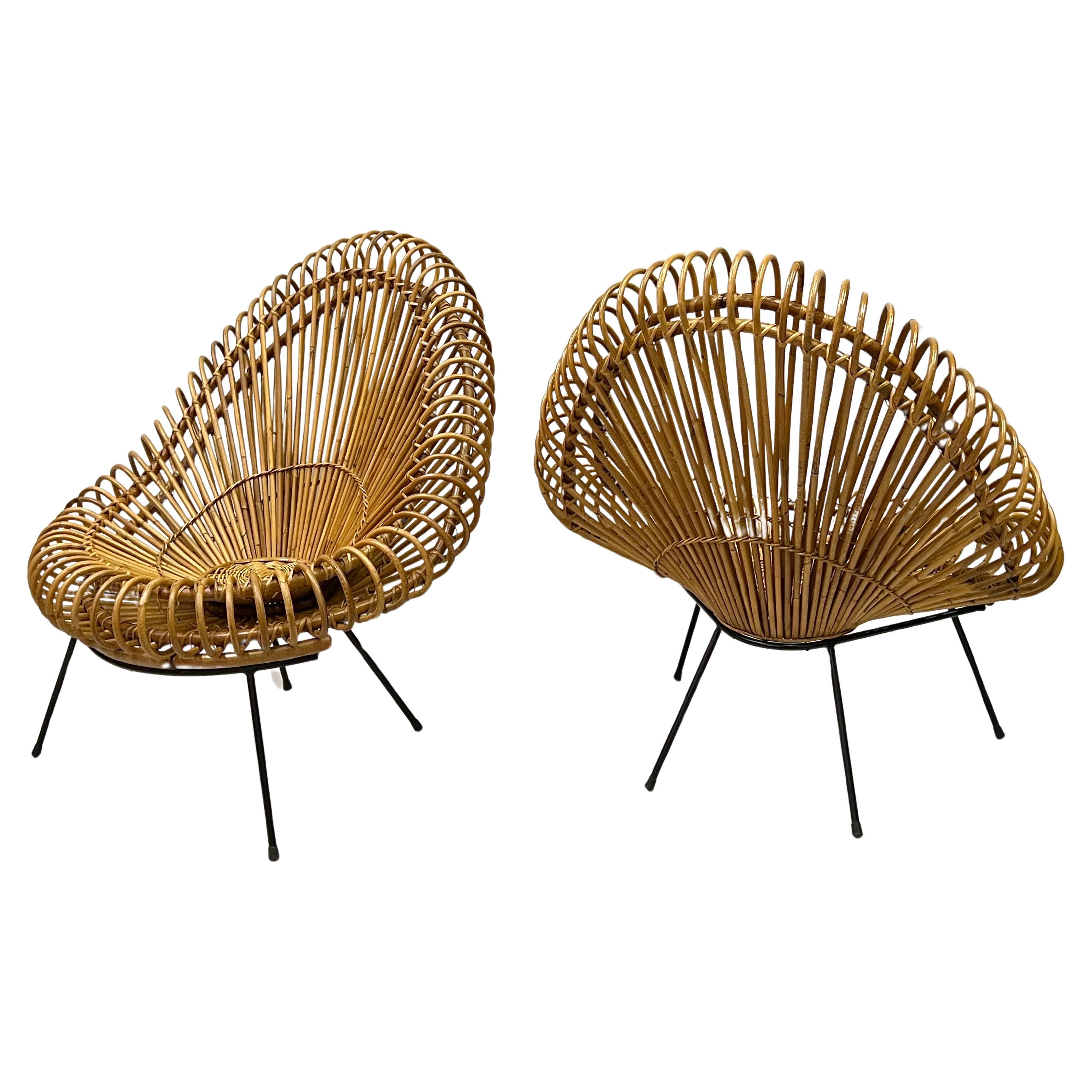 Pair of Large French Rattan Lounge Chairs by Janine Abraham & Dirk Jan Roi For Sale