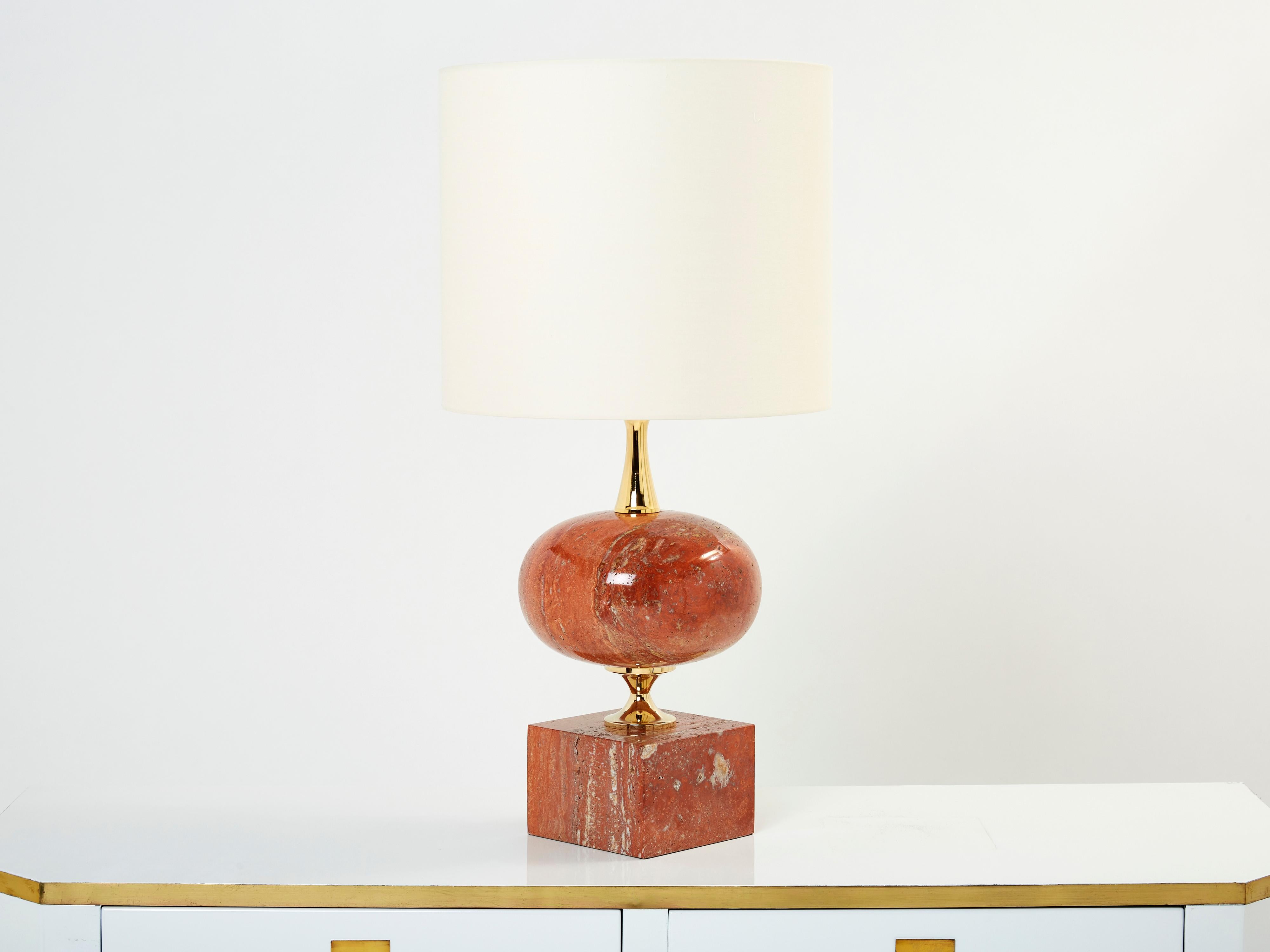 Pair of Large French Red Travertine Brass Table Lamps Philippe Barbier 1970s 6