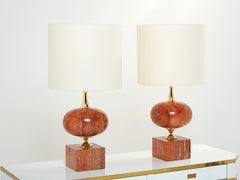 Pair of Large French Red Travertine Brass Table Lamps Philippe Barbier 1970s