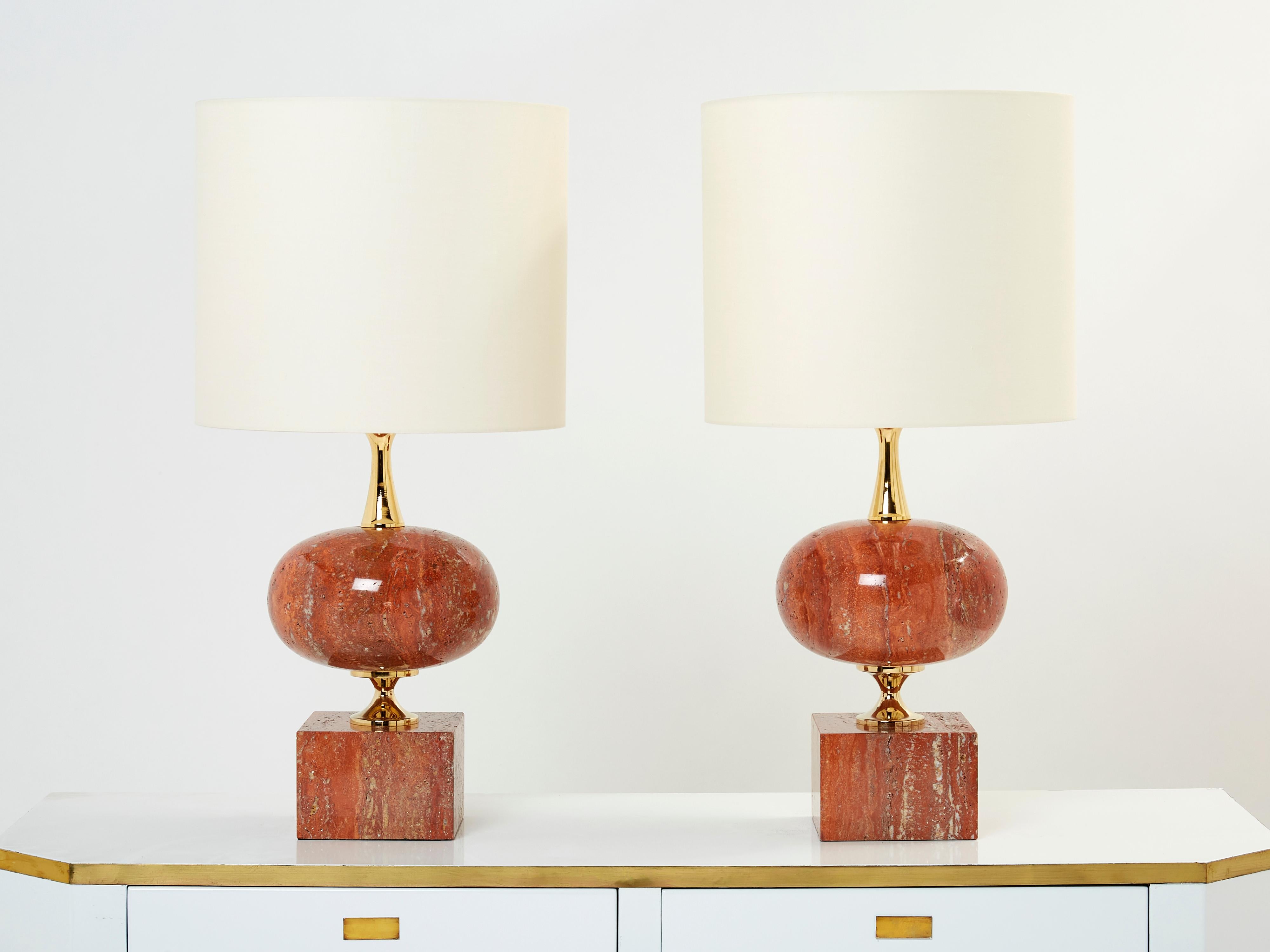 Mid-Century Modern Pair of Large French Red Travertine Brass Table Lamps Philippe Barbier 1970s