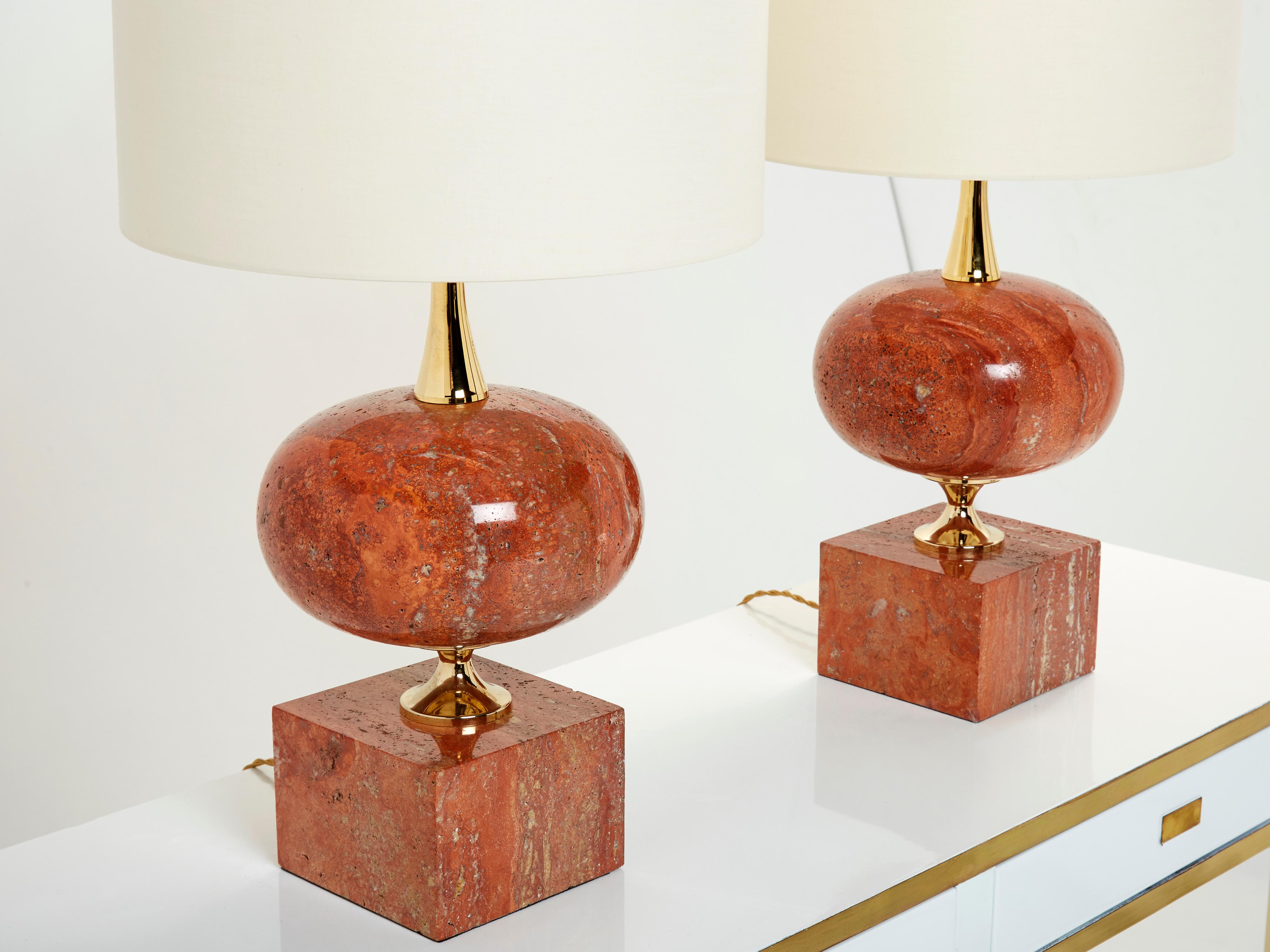 Pair of Large French Red Travertine Brass Table Lamps Philippe Barbier 1970s In Good Condition In Paris, IDF