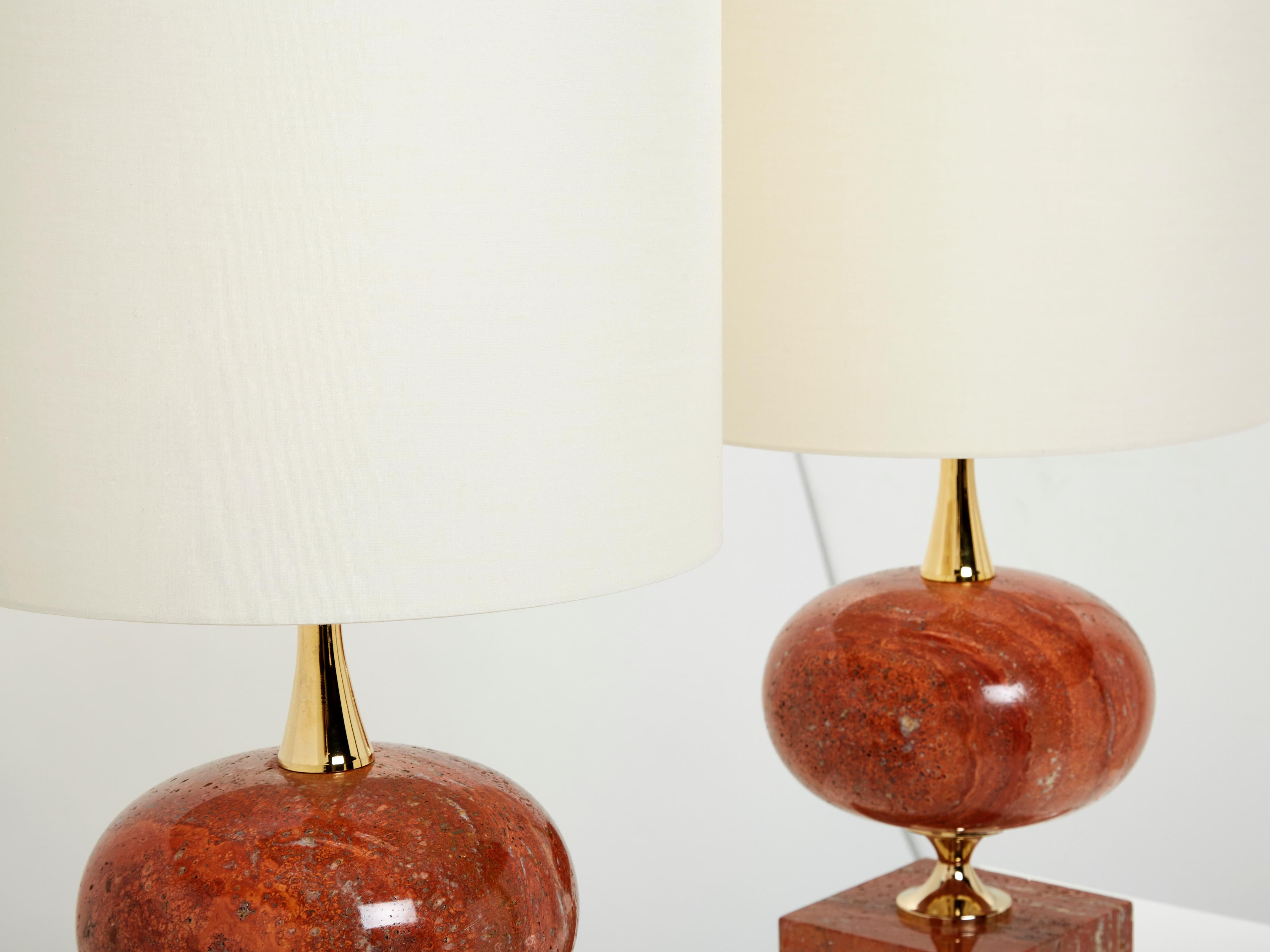 Mid-20th Century Pair of Large French Red Travertine Brass Table Lamps Philippe Barbier 1970s