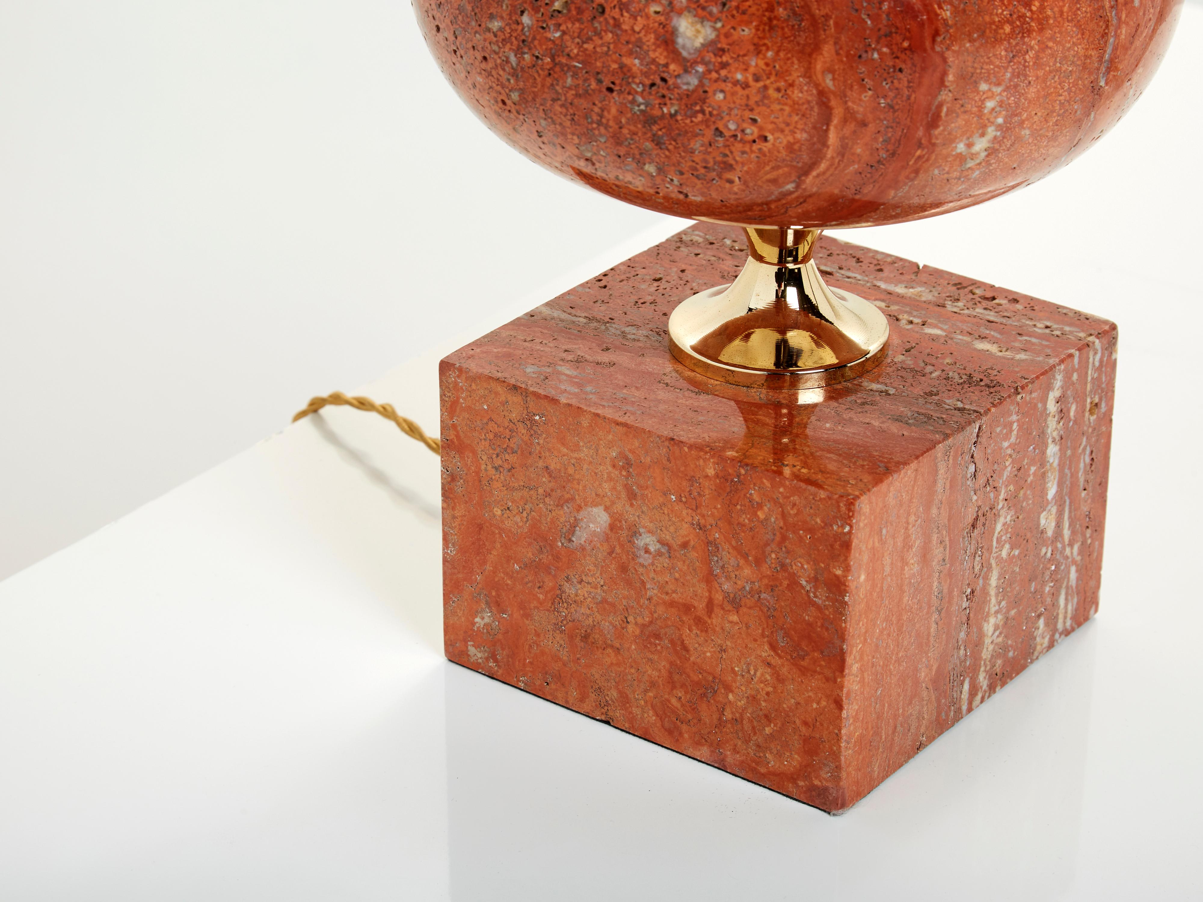 Pair of Large French Red Travertine Brass Table Lamps Philippe Barbier 1970s 1