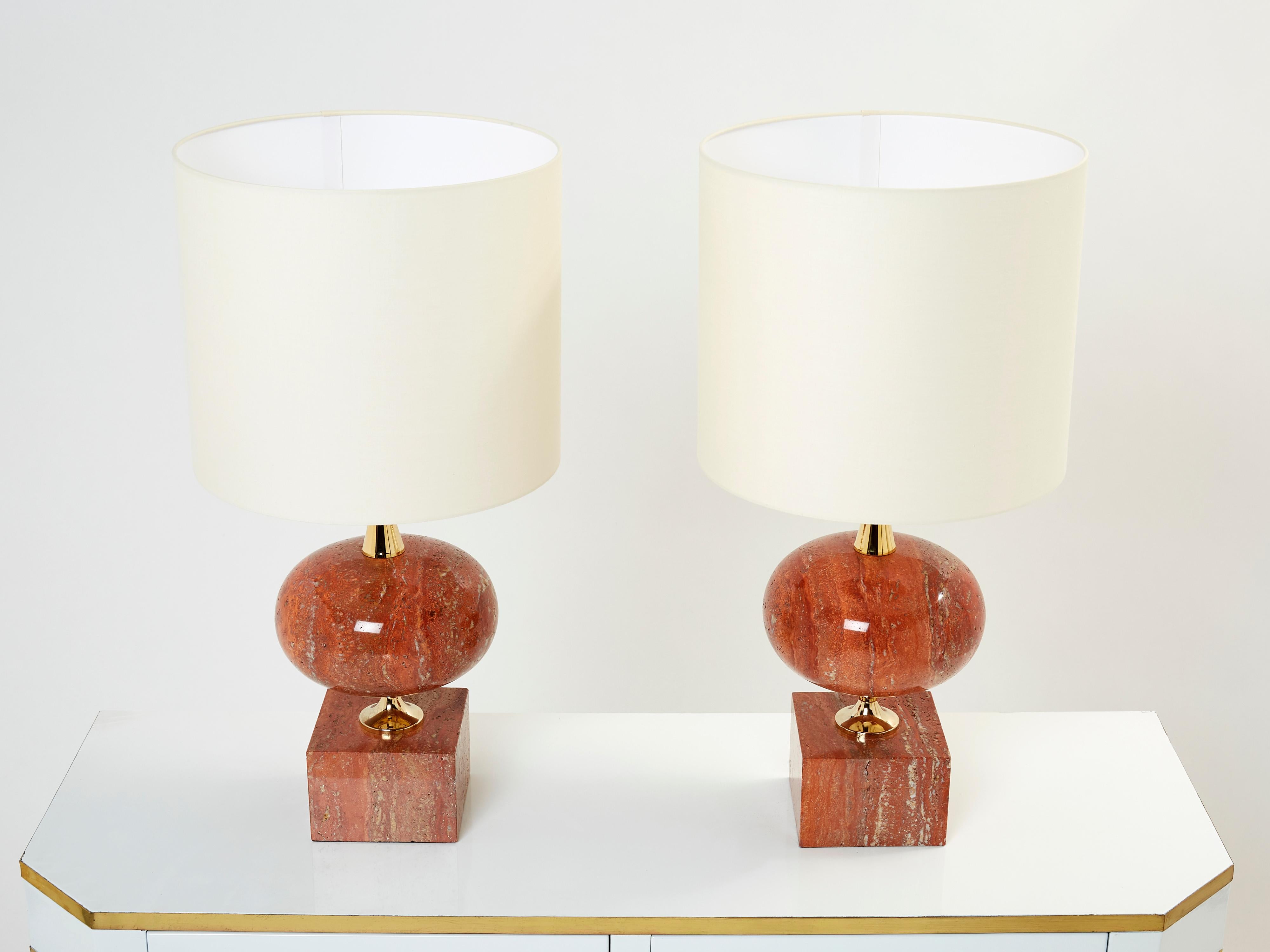 Pair of Large French Red Travertine Brass Table Lamps Philippe Barbier 1970s 3