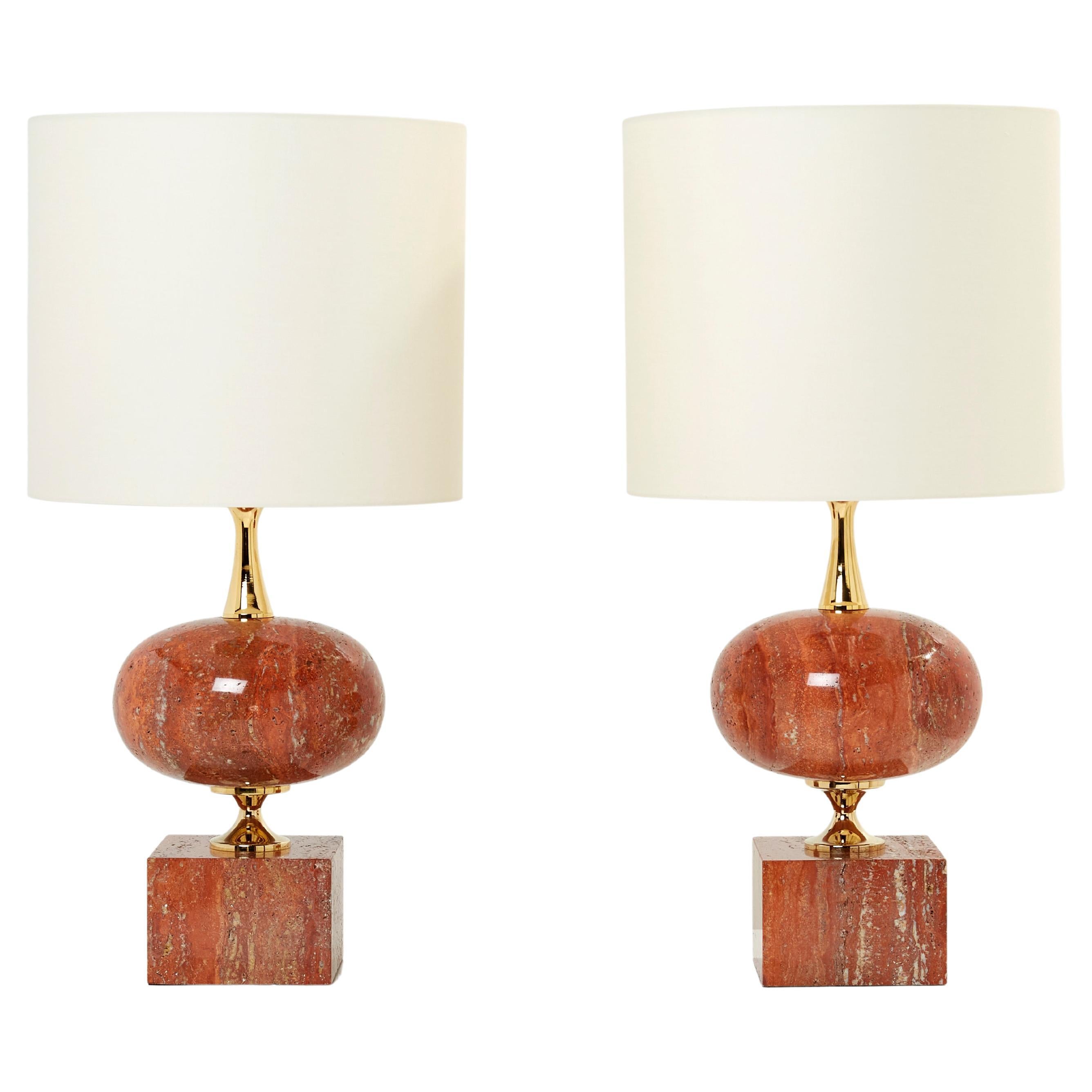 Pair of Large French Red Travertine Brass Table Lamps Philippe Barbier 1970s