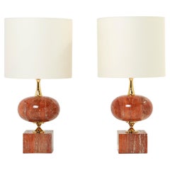 Pair of Large French Red Travertine Brass Table Lamps Philippe Barbier 1970s