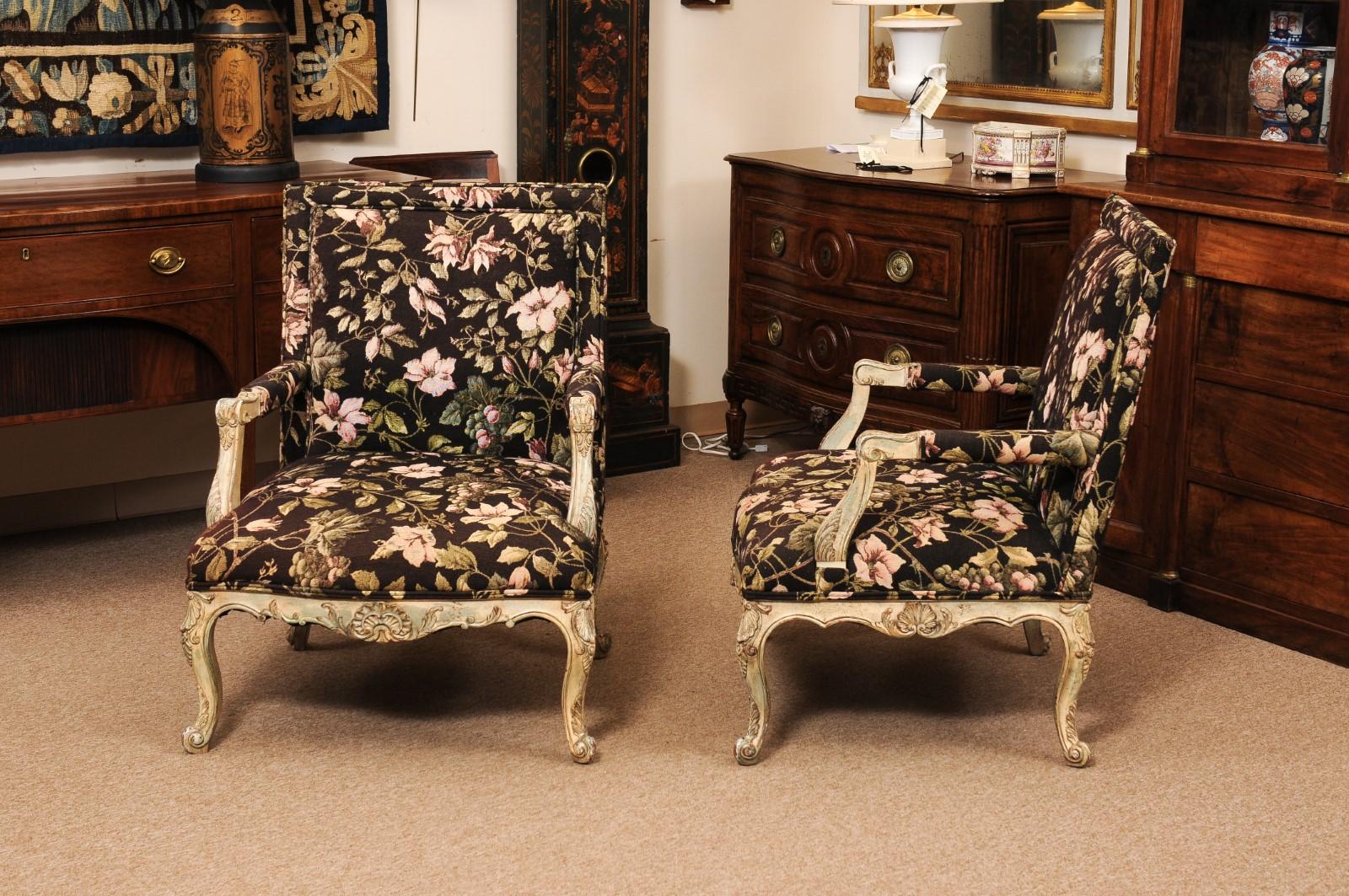 Pair of Large French Regence Style Painted Fauteuils, ca. 1890 For Sale 7