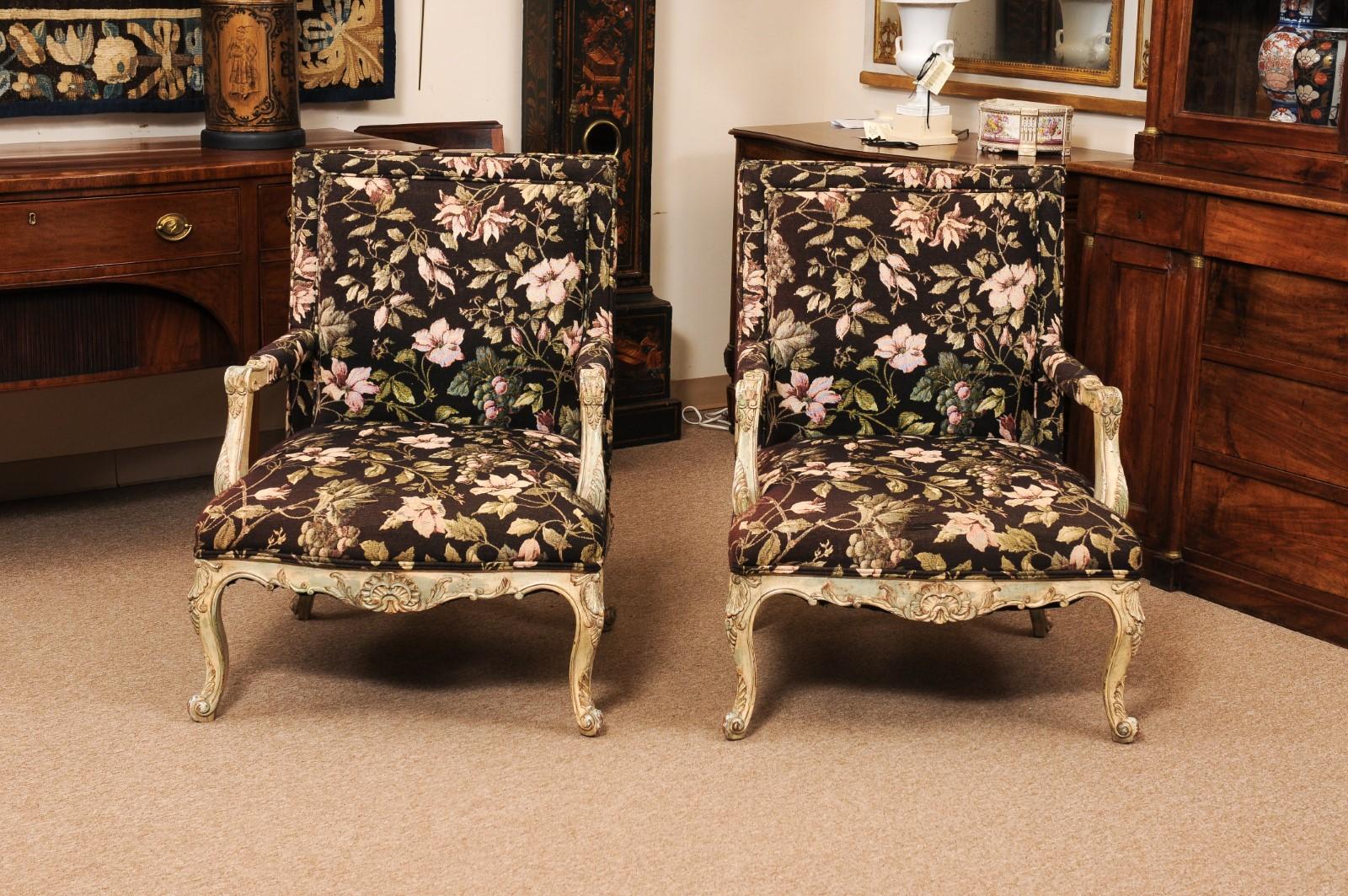 Pair of Large French Regence Style Painted Fauteuils, ca. 1890 For Sale 8