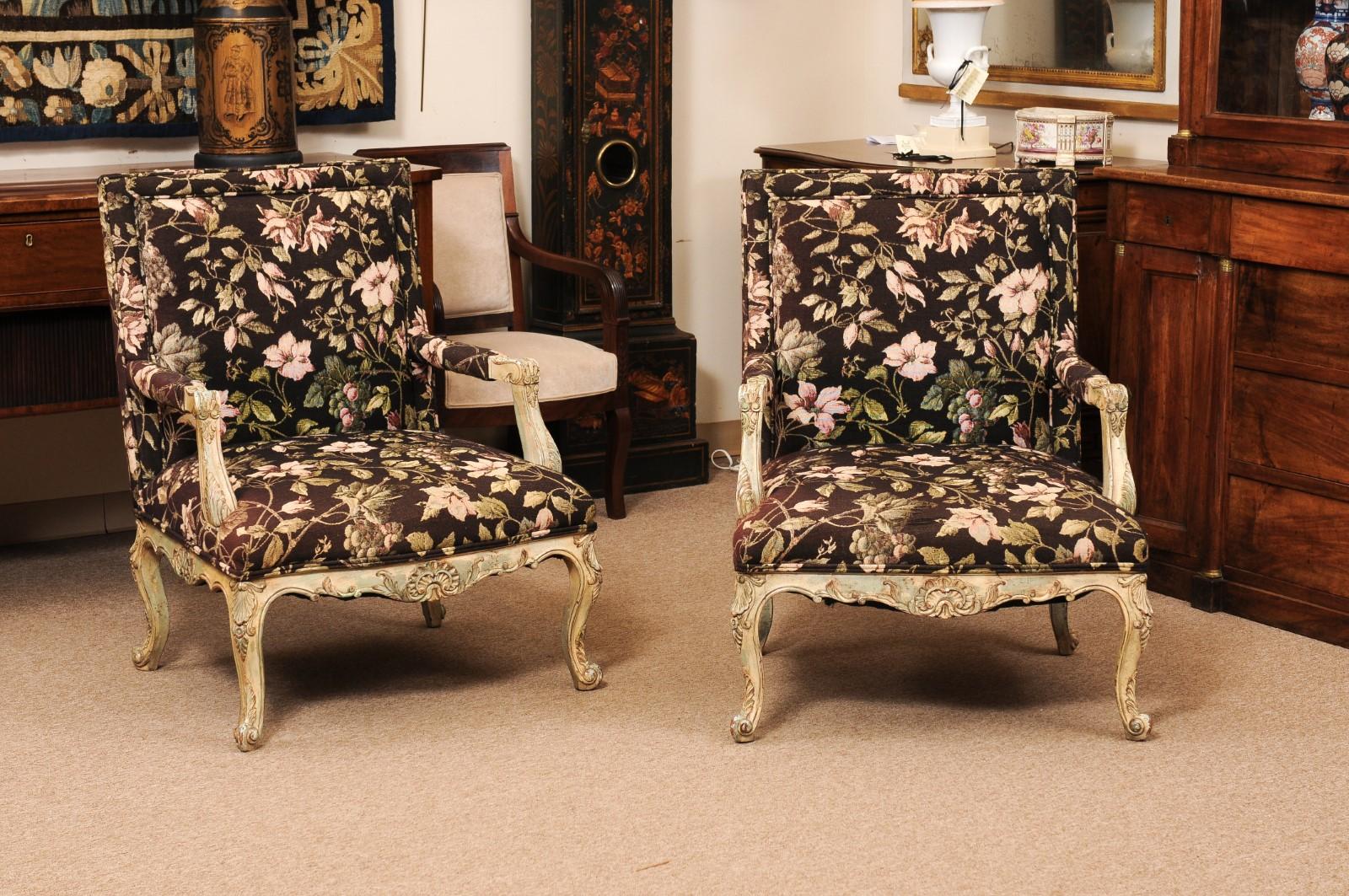 19th Century Pair of Large French Regence Style Painted Fauteuils, ca. 1890 For Sale