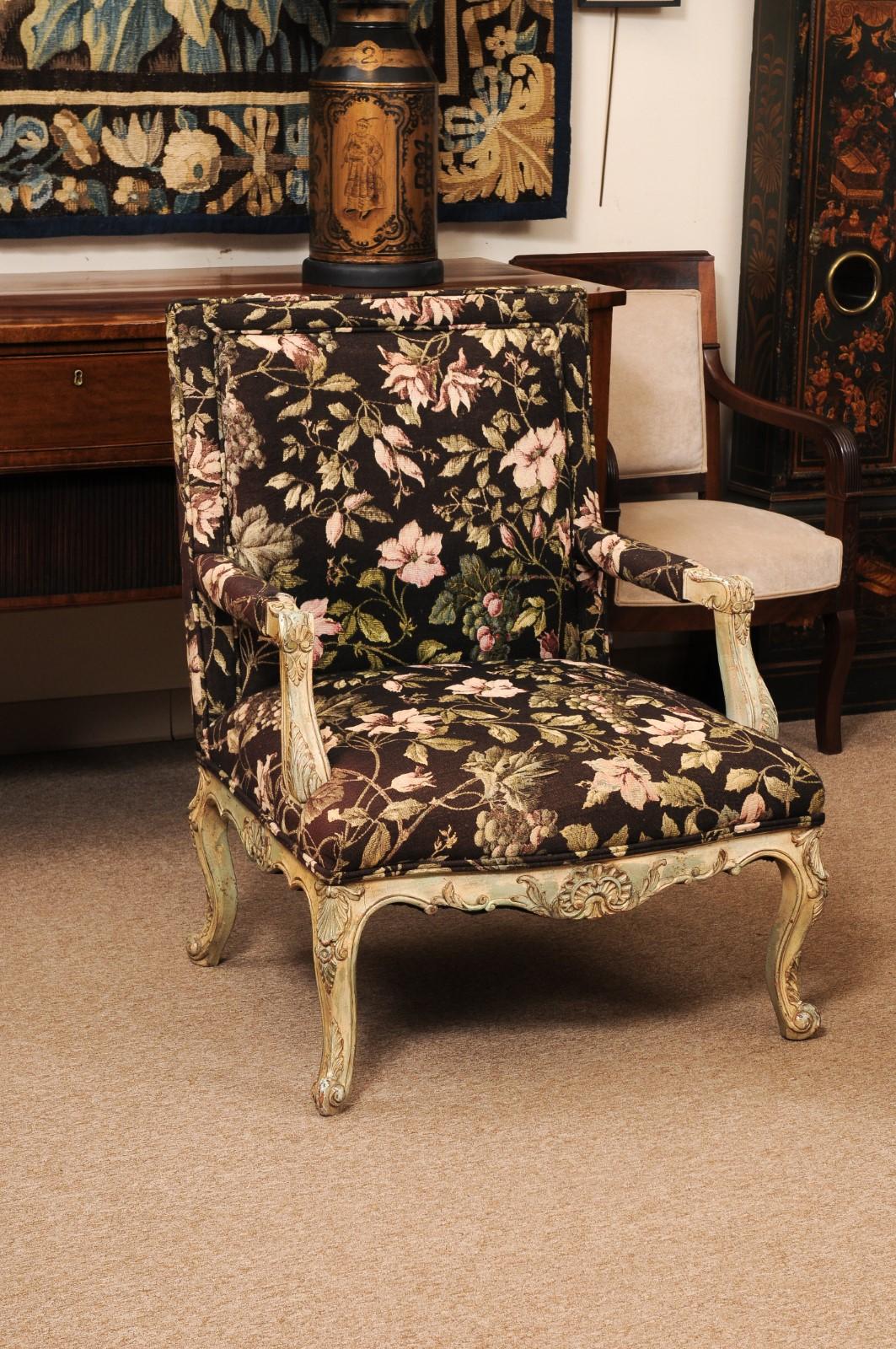 Upholstery Pair of Large French Regence Style Painted Fauteuils, ca. 1890 For Sale