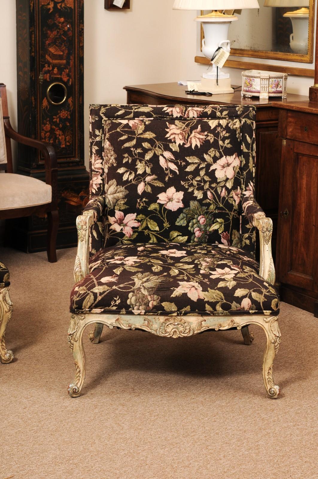 Pair of Large French Regence Style Painted Fauteuils, ca. 1890 For Sale 1