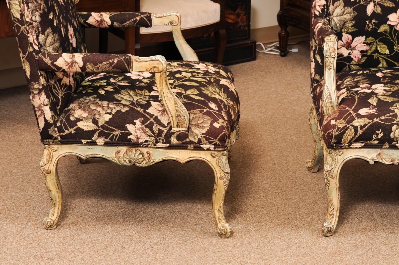 Pair of Large French Regence Style Painted Fauteuils, ca. 1890 For Sale 3
