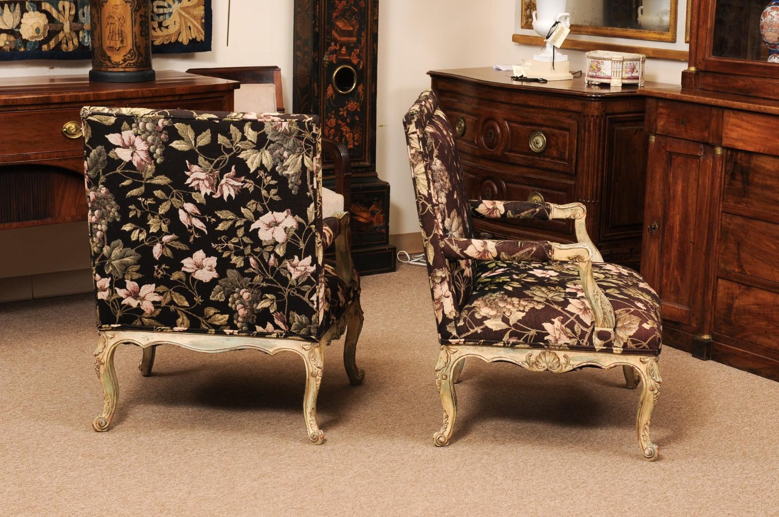 Pair of Large French Regence Style Painted Fauteuils, ca. 1890 For Sale 4