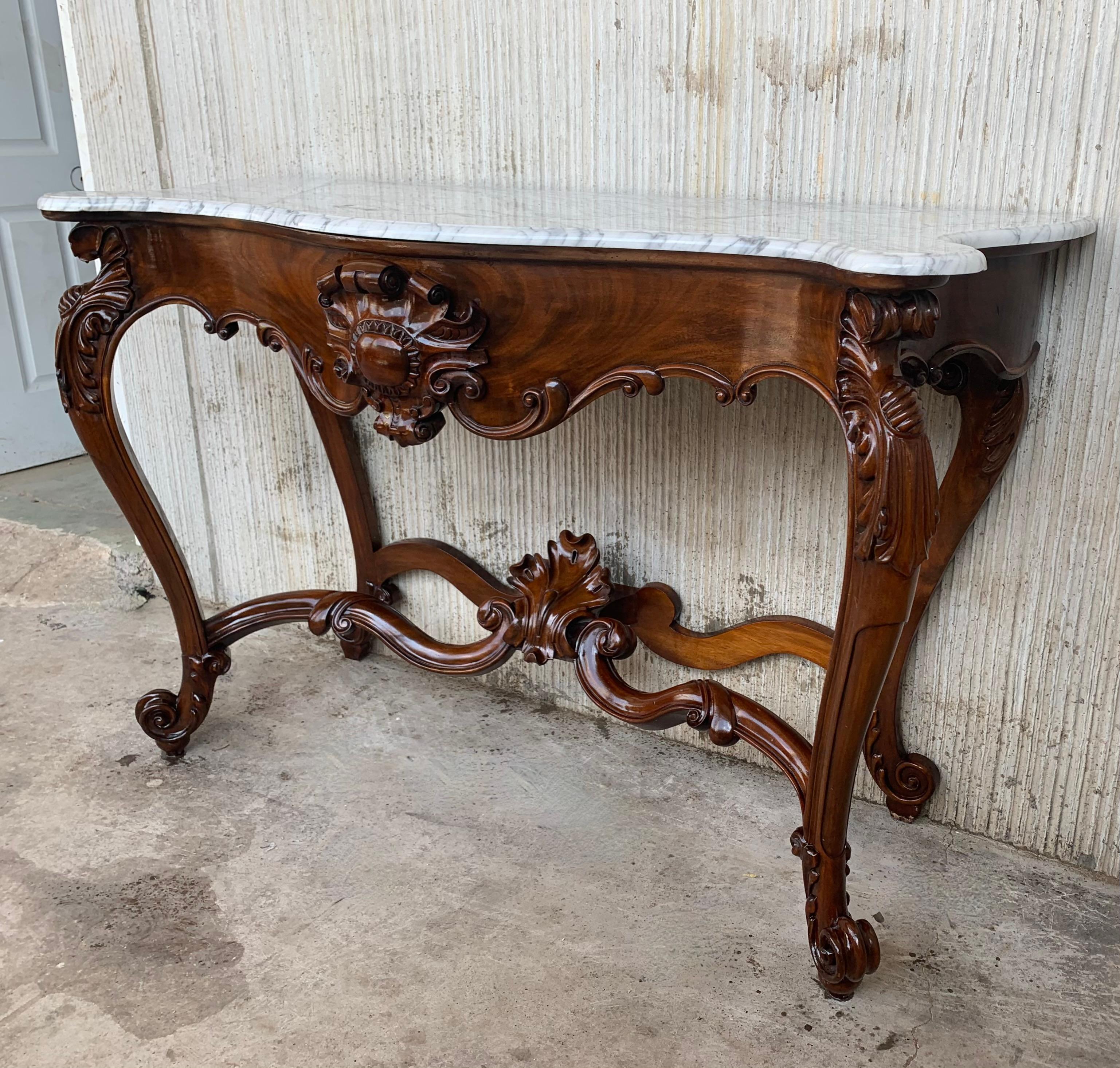  Large French Regency Carved Walnut Console Table with White Marble Top In Good Condition In Miami, FL
