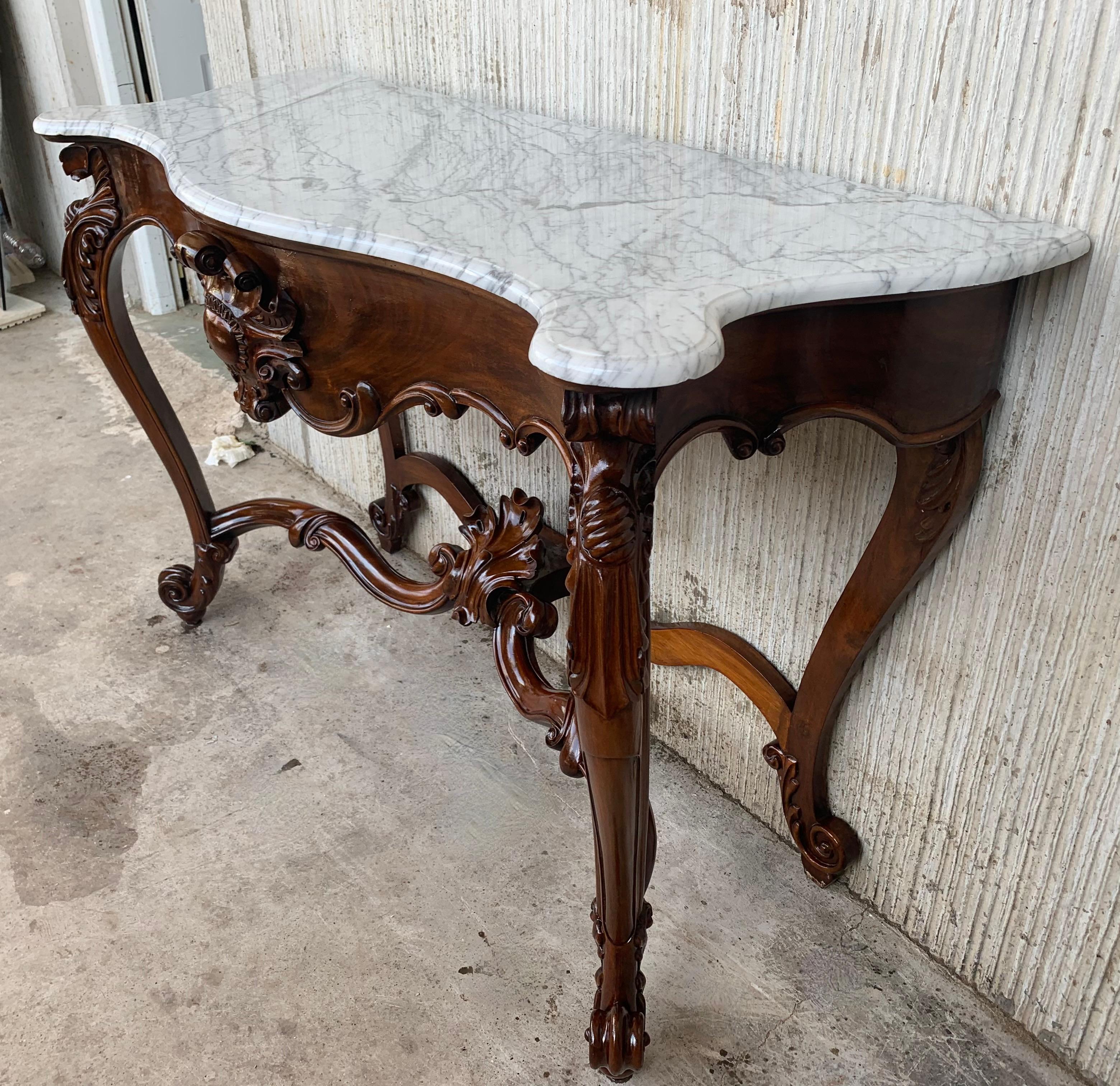 20th Century  Large French Regency Carved Walnut Console Table with White Marble Top