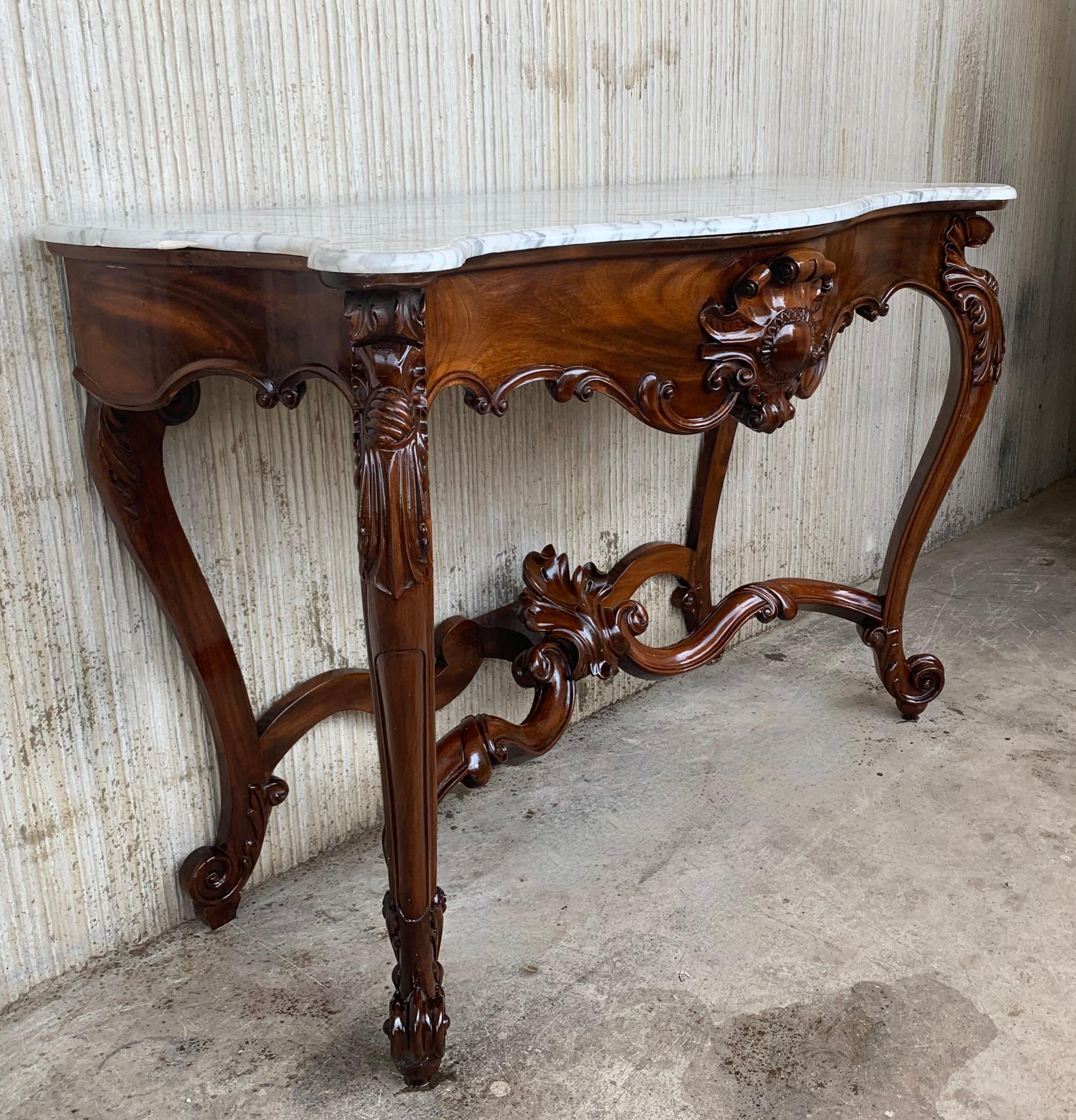  Large French Regency Carved Walnut Console Table with White Marble Top 2
