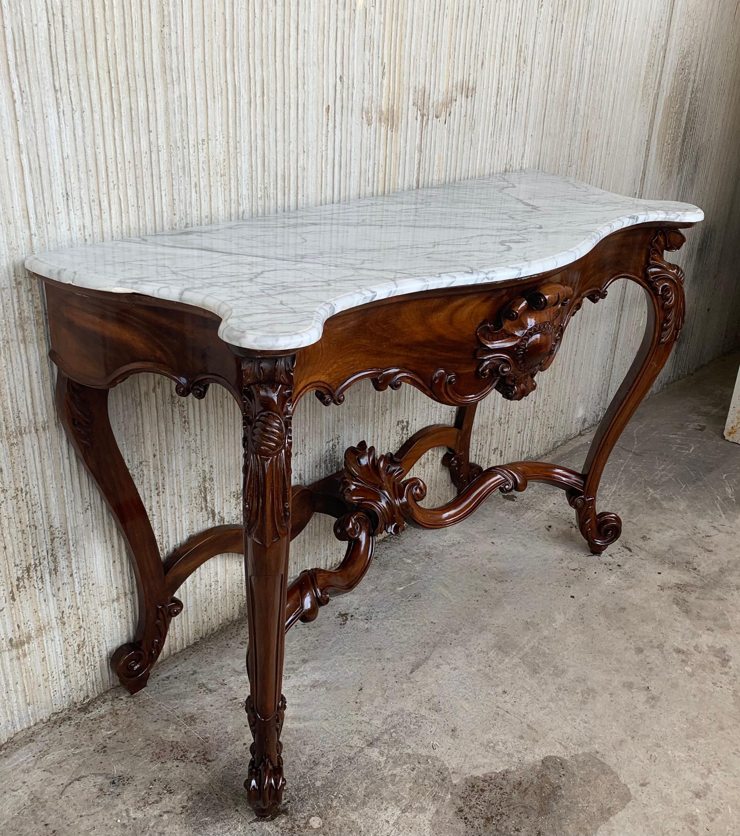  Large French Regency Carved Walnut Console Table with White Marble Top 3