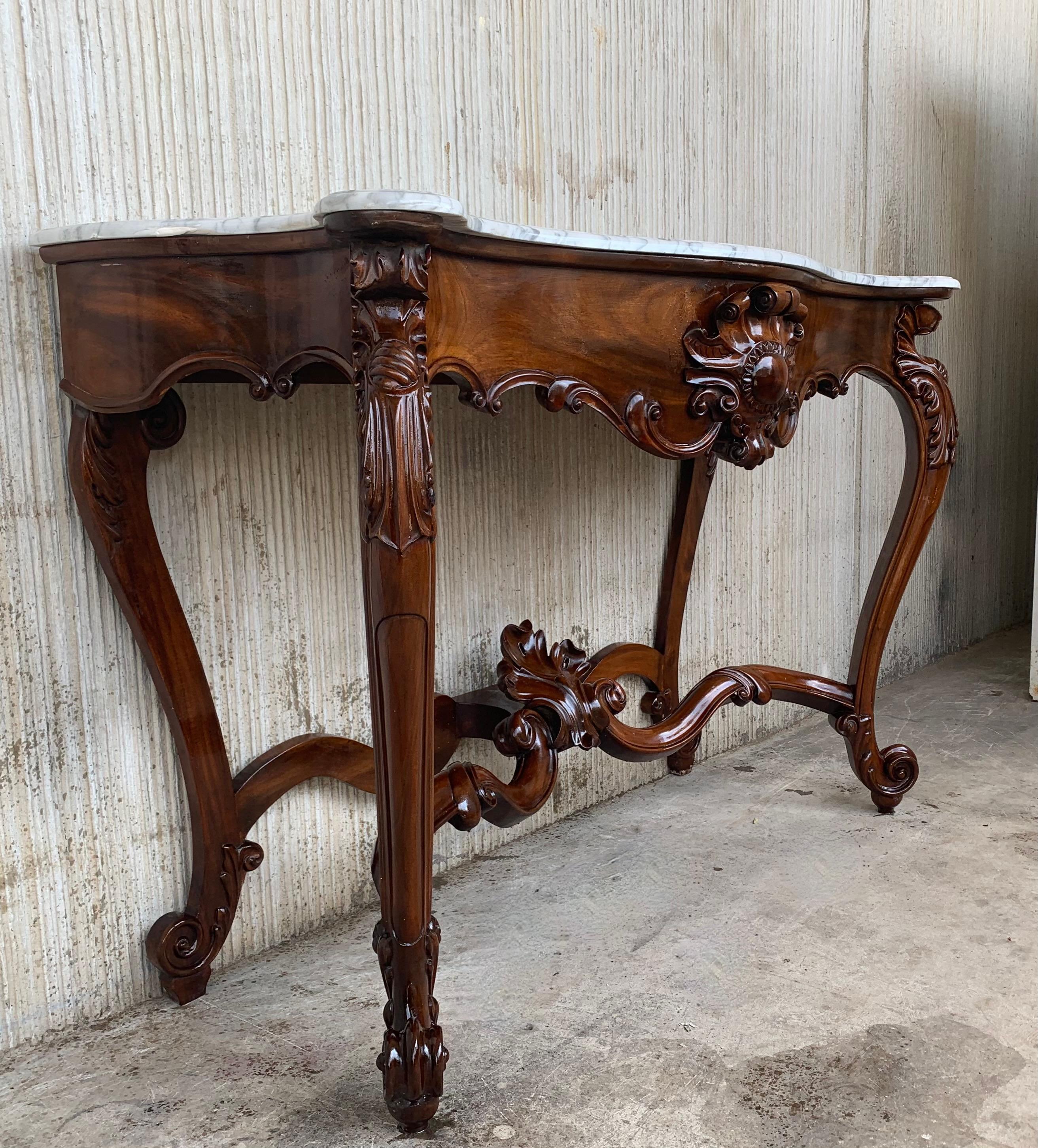  Large French Regency Carved Walnut Console Table with White Marble Top 4