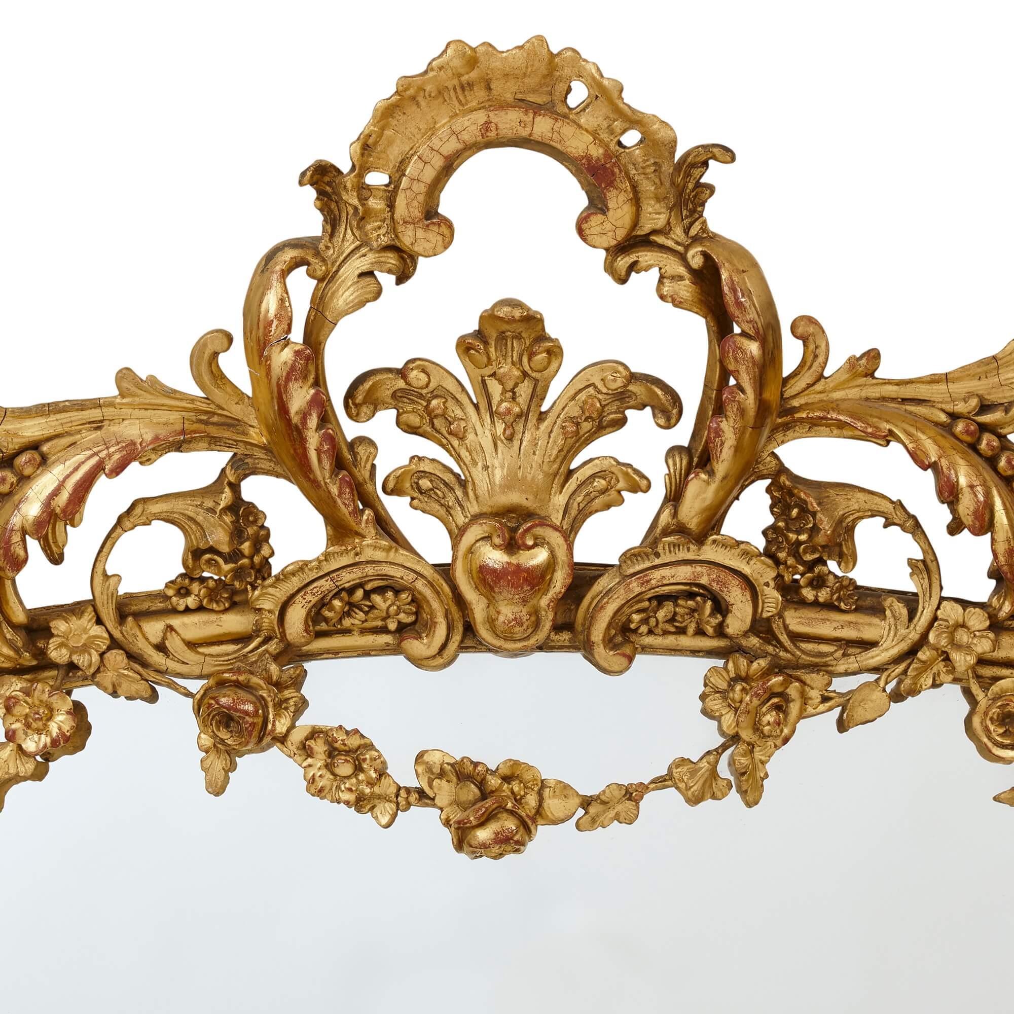 Pair of Large French Rococo Revival Giltwood Wall Mirrors For Sale 1