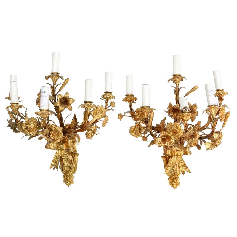 Pair of Large French Rococo Style Gilt-Bronze Bracket Lamps