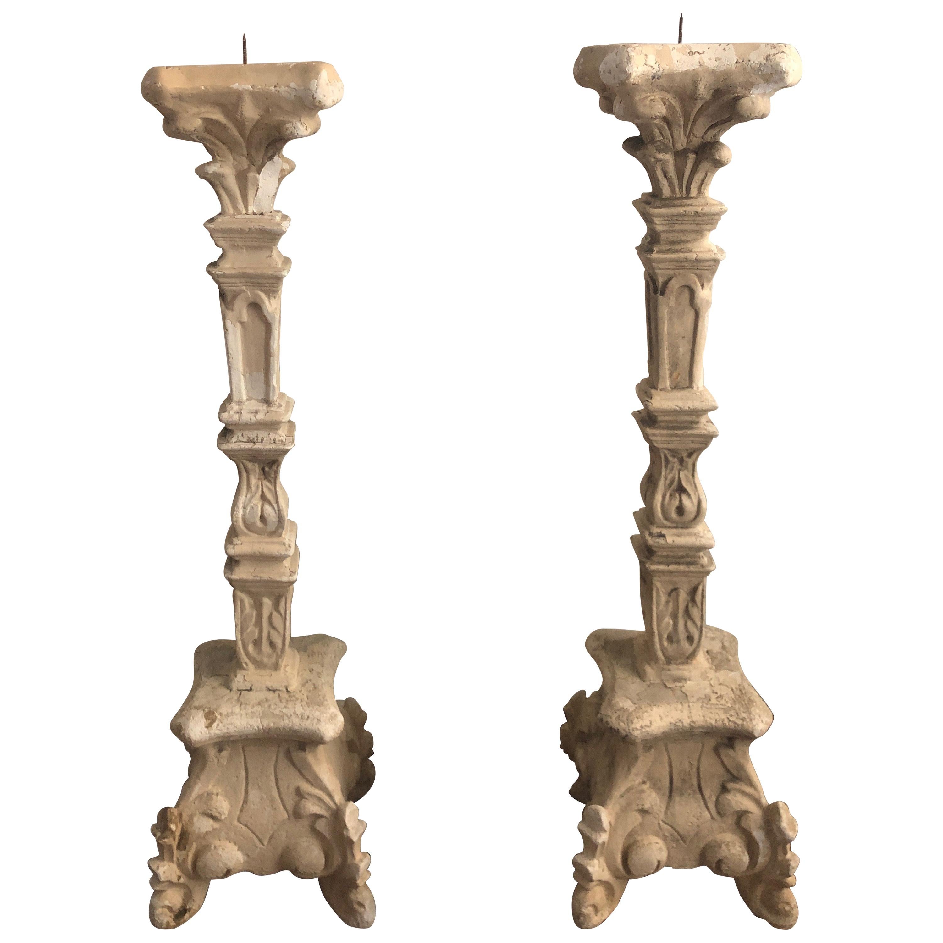 Pair of Large French Rococo Style Italian Pillar Candlesticks For Sale
