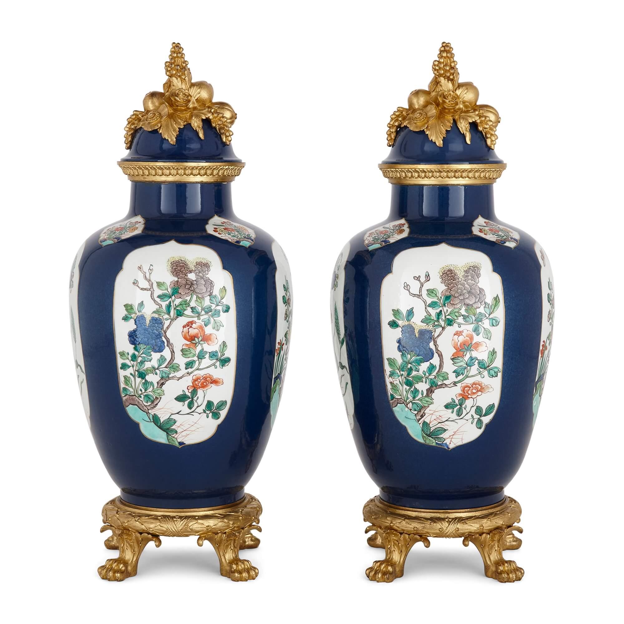 Pair of large French Samson porcelain and gilt bronze Chinoiserie vases 
French, Late 19th Century 
Height 57cm, diameter 24cm

This superb pair of vases was crafted in the late 19th century by the renowned French firm of Samson et Cie. They have