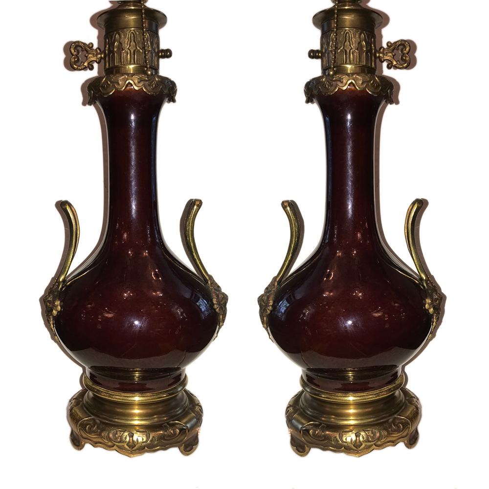 Glazed Pair of Large French Sang de Boeuf Lamps For Sale