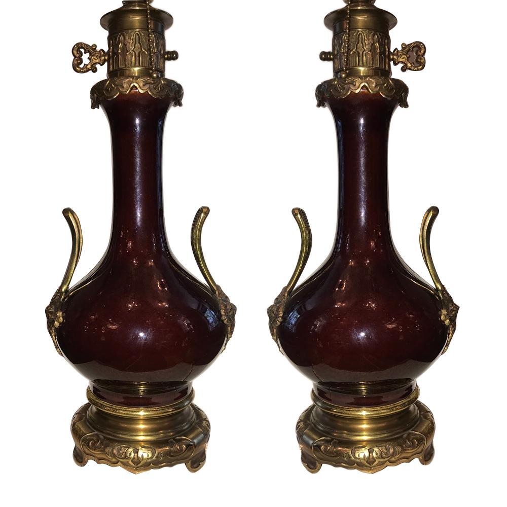 Pair of Large French Sang de Boeuf Lamps For Sale