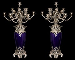Pair of Large French Sevres Style Silvered Bronze & Blue Porcelain Candelabras