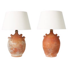 Pair of Large French Terracotta Conscience Vessel Table Lamps