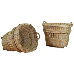 Antique Pair of Large French Wicker Harvest Baskets with Wooden Runners