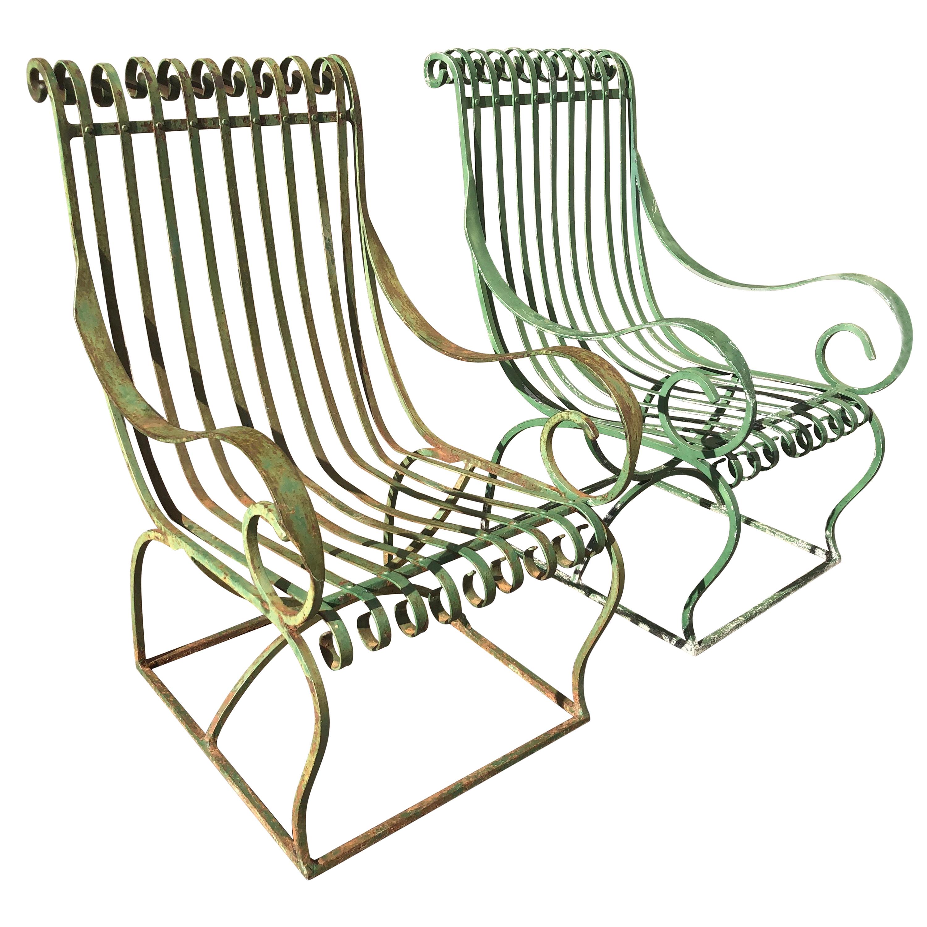 Pair of Large French Wrought Iron Garden Lounge Chairs